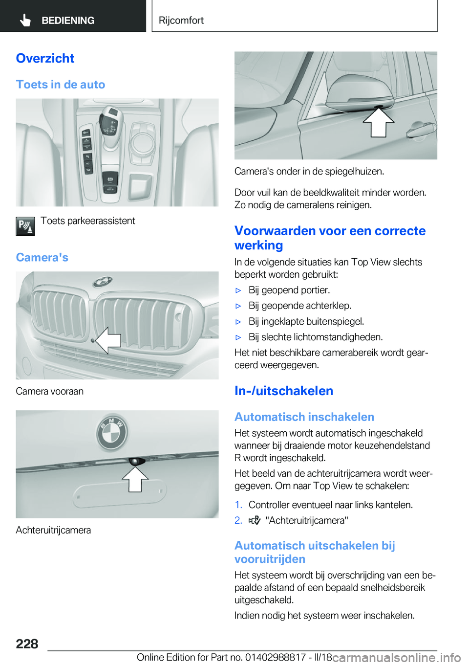 BMW X5 2018  Instructieboekjes (in Dutch) �O�v�e�r�z�i�c�h�t�T�o�e�t�s��i�n��d�e��a�u�t�o
�T�o�e�t�s� �p�a�r�k�e�e�r�a�s�s�i�s�t�e�n�t
�C�a�m�e�r�a�'�s
�C�a�m�e�r�a� �v�o�o�r�a�a�n
�A�c�h�t�e�r�u�i�t�r�i�j�c�a�m�e�r�a
�C�a�m�e�r�a�'