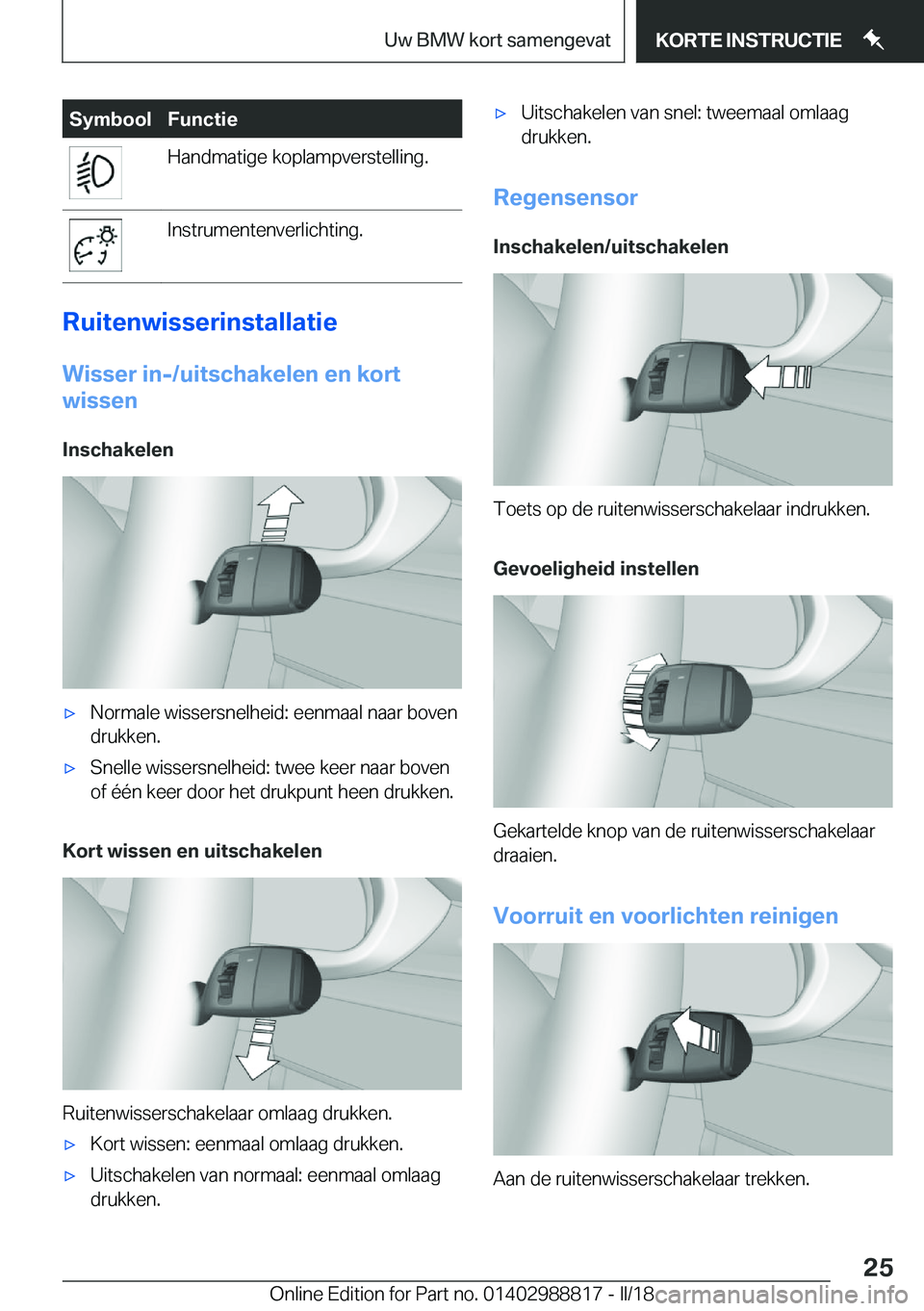BMW X5 2018  Instructieboekjes (in Dutch) �S�y�m�b�o�o�l�F�u�n�c�t�i�e�H�a�n�d�m�a�t�i�g�e� �k�o�p�l�a�m�p�v�e�r�s�t�e�l�l�i�n�g�.�I�n�s�t�r�u�m�e�n�t�e�n�v�e�r�l�i�c�h�t�i�n�g�.
�R�u�i�t�e�n�w�i�s�s�e�r�i�n�s�t�a�l�l�a�t�i�e�W�i�s�s�e�r��i�