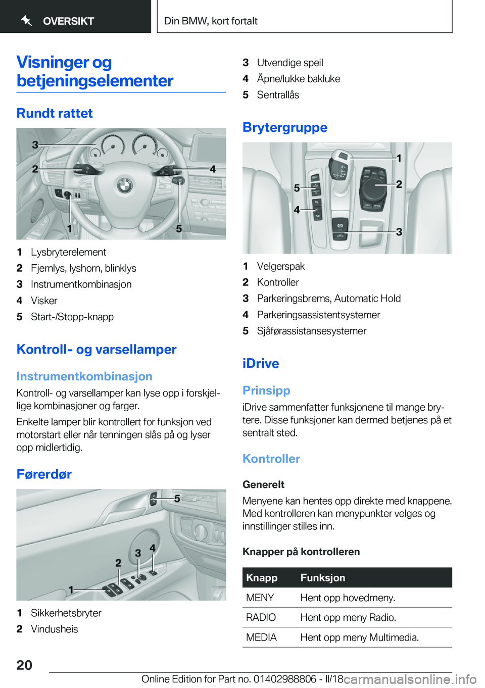BMW X5 2018  InstruksjonsbØker (in Norwegian) �V�i�s�n�i�n�g�e�r��o�g
�b�e�t�j�e�n�i�n�g�s�e�l�e�m�e�n�t�e�r
�R�u�n�d�t��r�a�t�t�e�t
�1�L�y�s�b�r�y�t�e�r�e�l�e�m�e�n�t�2�F�j�e�r�n�l�y�s�,� �l�y�s�h�o�r�n�,� �b�l�i�n�k�l�y�s�3�I�n�s�t�r�u�m�e�n�