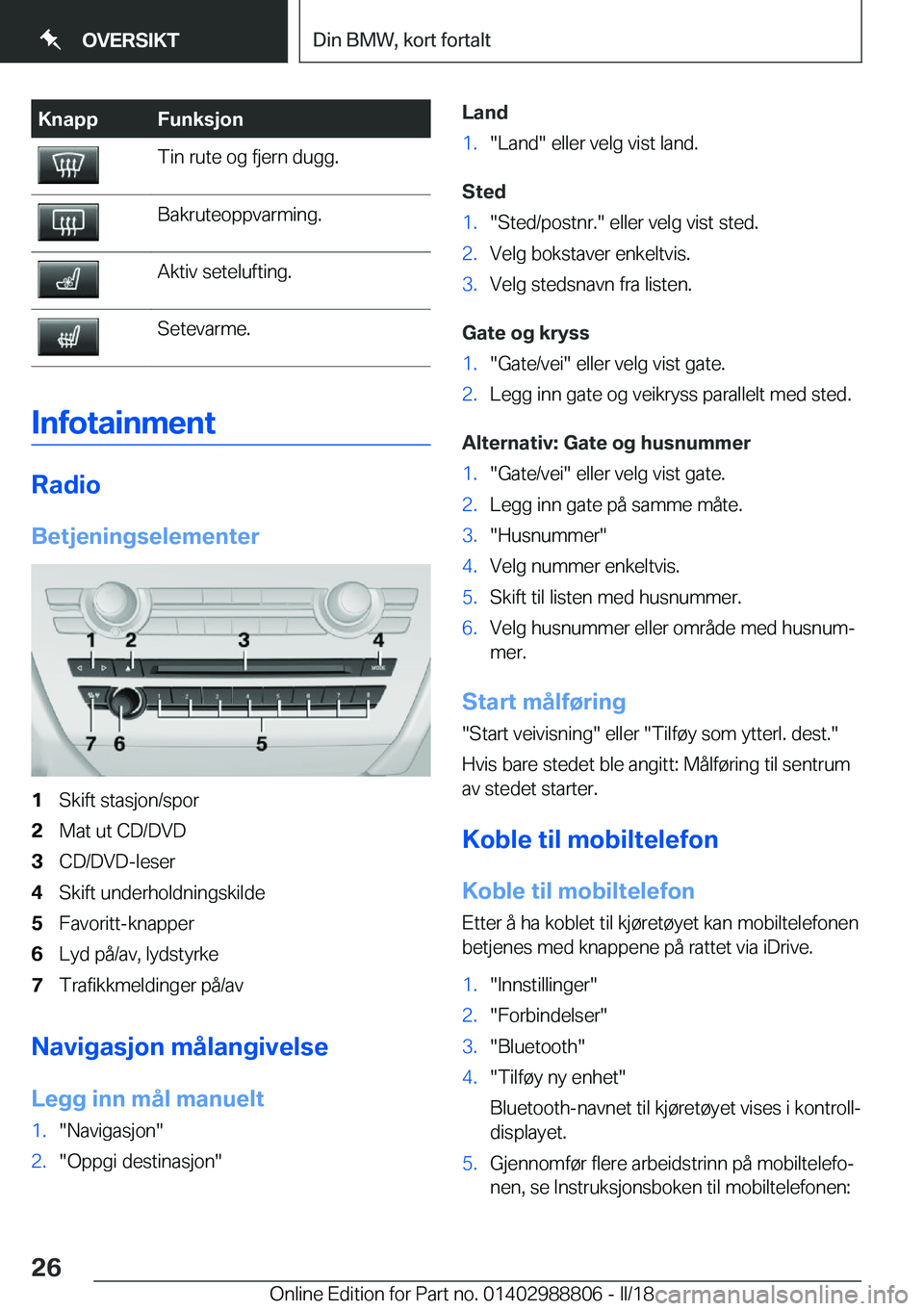 BMW X5 2018  InstruksjonsbØker (in Norwegian) �K�n�a�p�p�F�u�n�k�s�j�o�n�T�i�n� �r�u�t�e� �o�g� �f�j�e�r�n� �d�u�g�g�.�B�a�k�r�u�t�e�o�p�p�v�a�r�m�i�n�g�.�A�k�t�i�v� �s�e�t�e�l�u�f�t�i�n�g�.�S�e�t�e�v�a�r�m�e�.
�I�n�f�o�t�a�i�n�m�e�n�t
�R�a�d�i�o