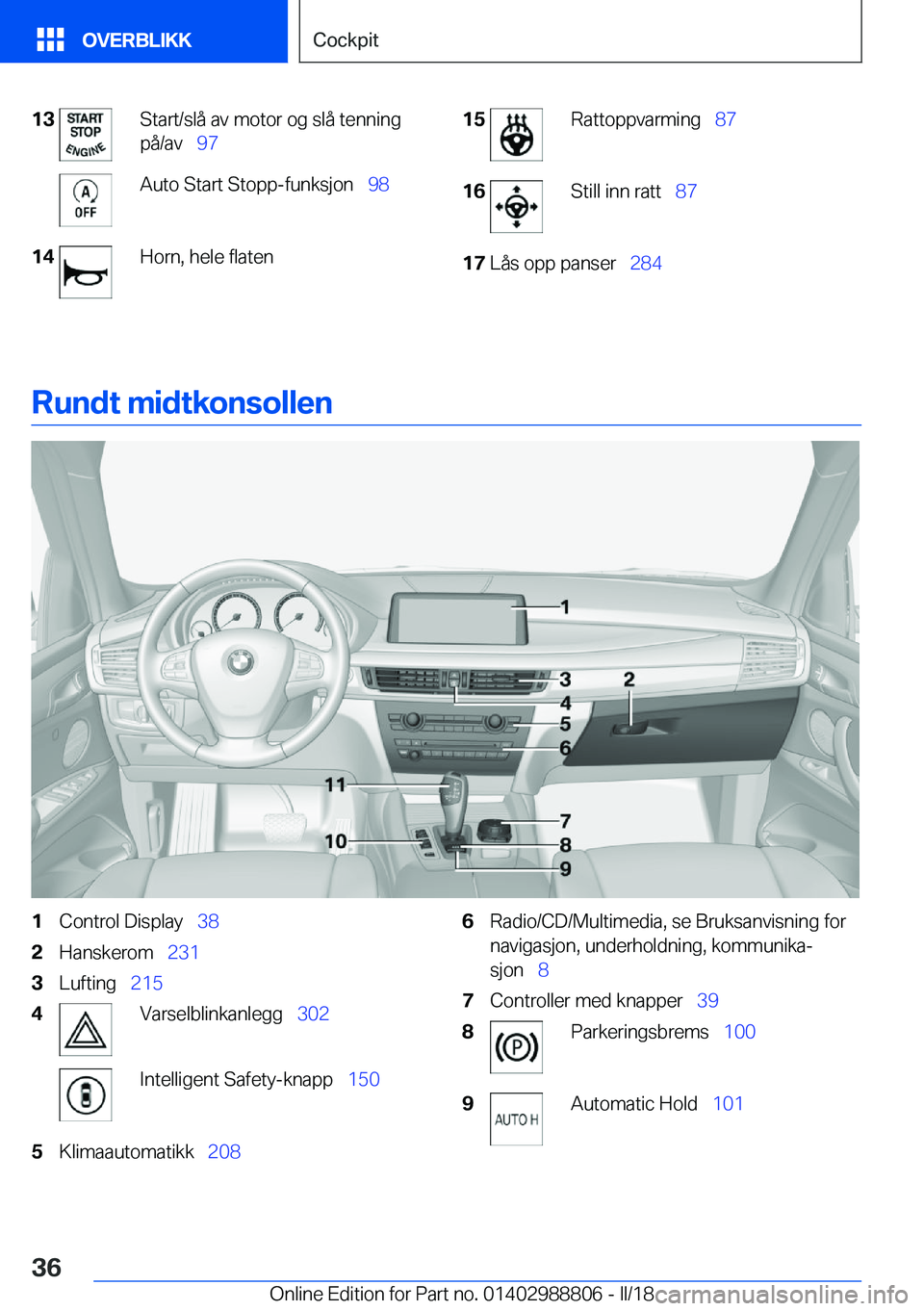 BMW X5 2018  InstruksjonsbØker (in Norwegian) �1�3�S�t�a�r�t�/�s�l�å� �a�v� �m�o�t�o�r� �o�g� �s�l�å� �t�e�n�n�i�n�g
�p�å�/�a�v\_ �9�7�A�u�t�o� �S�t�a�r�t� �S�t�o�p�p�-�f�u�n�k�s�j�o�n\_ �9�8�1�4�H�o�r�n�,� �h�e�l�e� �f�l�a�t�e�n�1�5�R�a�t