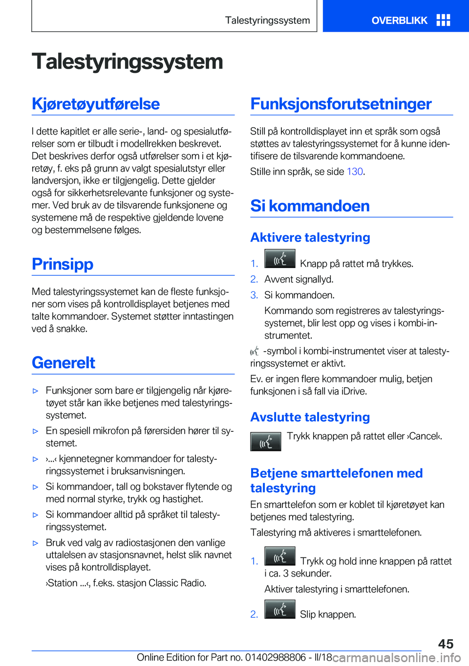 BMW X5 2018  InstruksjonsbØker (in Norwegian) �T�a�l�e�s�t�y�r�i�n�g�s�s�y�s�t�e�m�K�j�
