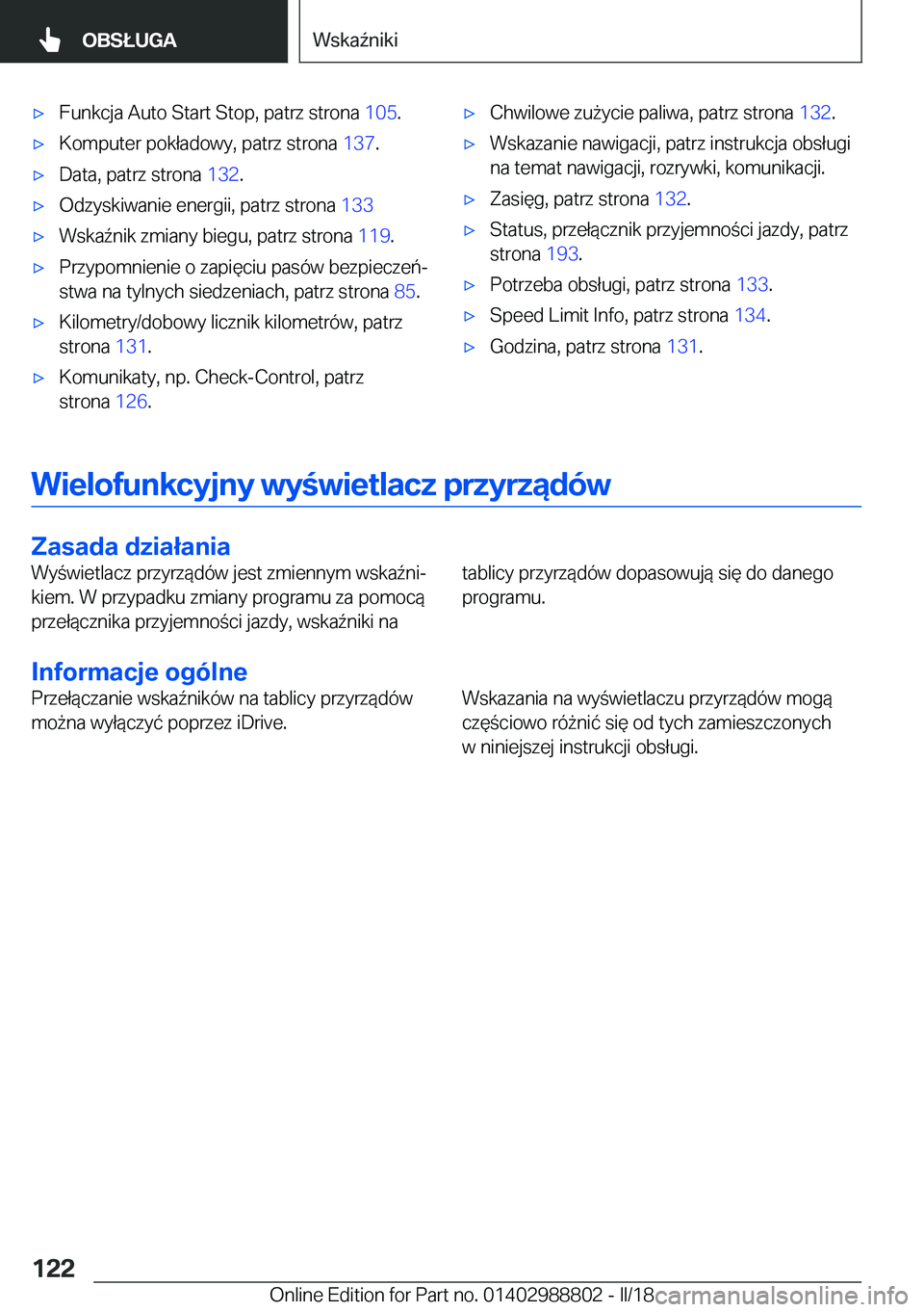 BMW X5 2018  Instrukcja obsługi (in Polish) 'x�F�u�n�k�c�j�a� �A�u�t�o� �S�t�a�r�t� �S�t�o�p�,� �p�a�t�r�z� �s�t�r�o�n�a� �1�0�5�.'x�K�o�m�p�u�t�e�r� �p�o�k�ł�a�d�o�w�y�,� �p�a�t�r�z� �s�t�r�o�n�a�  �1�3�7�.'x�D�a�t�a�,� �p�a�t�r�z