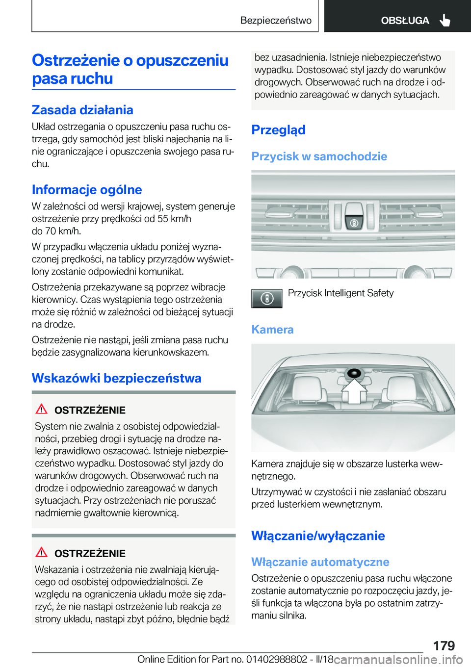 BMW X5 2018  Instrukcja obsługi (in Polish) �O�s�t�r�z�e9�e�n�i�e��o��o�p�u�s�z�c�z�e�n�i�u�p�a�s�a��r�u�c�h�u
�Z�a�s�a�d�a��d�z�i�a�ł�a�n�i�a
�U�k�ł�a�d� �o�s�t�r�z�e�g�a�n�i�a� �o� �o�p�u�s�z�c�z�e�n�i�u� �p�a�s�a� �r�u�c�h�u� �o�sj
�