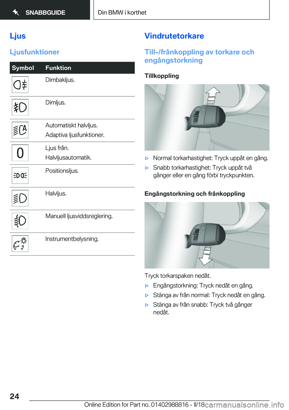 BMW X5 2018  InstruktionsbÖcker (in Swedish) �L�j�u�s
�L�j�u�s�f�u�n�k�t�i�o�n�e�r�S�y�m�b�o�l�F�u�n�k�t�i�o�n�D�i�m�b�a�k�l�j�u�s�.�D�i�m�l�j�u�s�.�A�u�t�o�m�a�t�i�s�k�t� �h�a�l�v�l�j�u�s�.
�A�d�a�p�t�i�v�a� �l�j�u�s�f�u�n�k�t�i�o�n�e�r�.�L�j�u