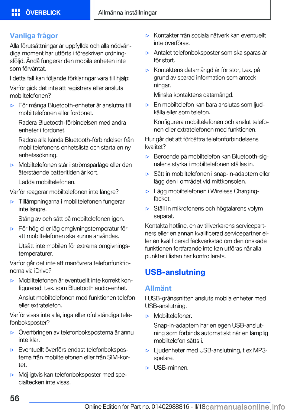 BMW X5 2018  InstruktionsbÖcker (in Swedish) �V�a�n�l�i�g�a��f�r�å�g�o�r
�A�l�l�a� �f�