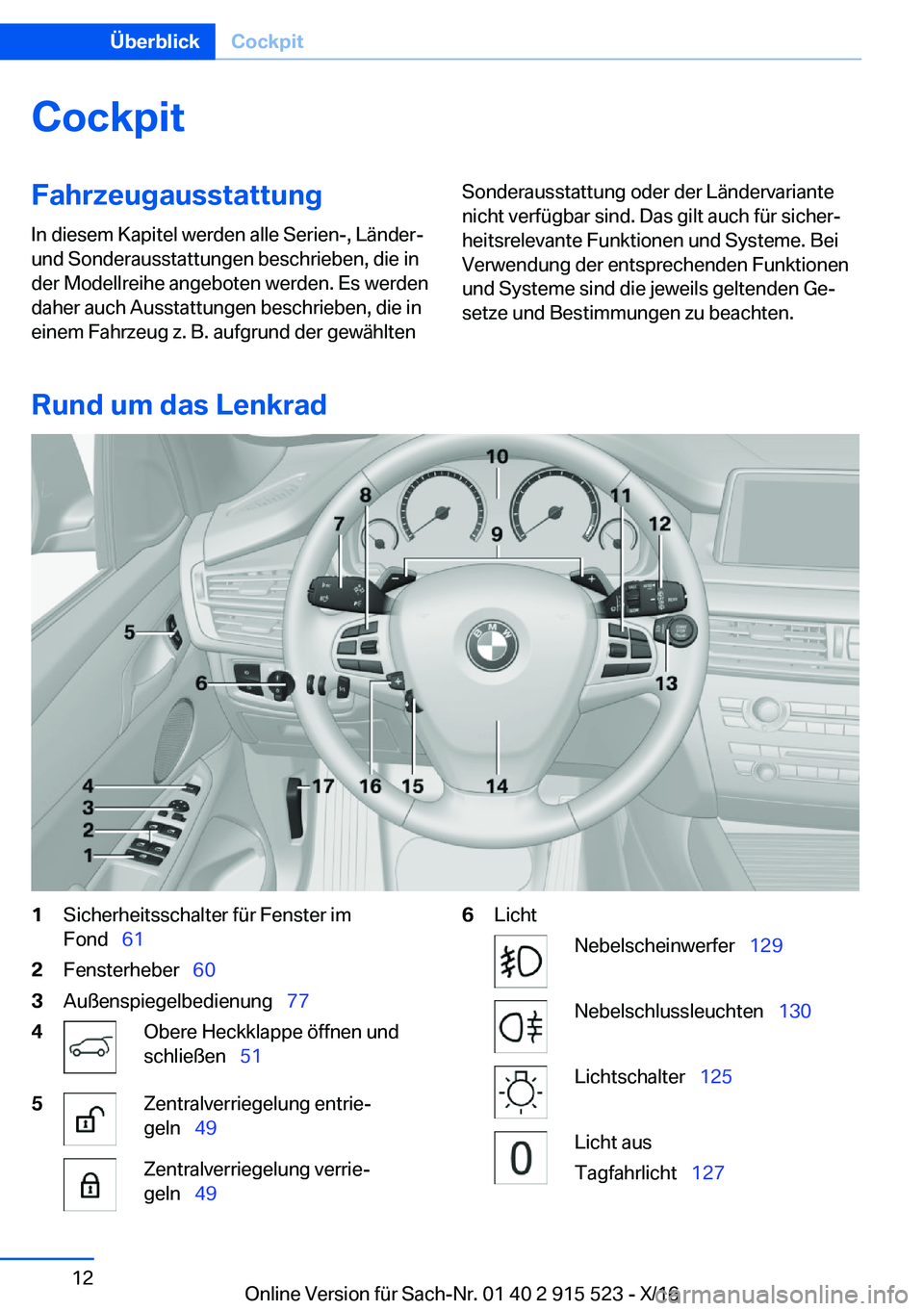 BMW X5 2017  Betriebsanleitungen (in German) �C�o�c�k�p�i�t�F�a�h�r�z�e�u�g�a�u�s�s�t�a�t�t�u�n�g
�I�n� �d�i�e�s�e�m� �K�a�p�i�t�e�l� �w�e�r�d�e�n� �a�l�l�e� �S�e�r�i�e�n�-�,� �L�ä�n�d�e�r�- �u�n�d� �S�o�n�d�e�r�a�u�s�s�t�a�t�t�u�n�g�e�n� �b�e�