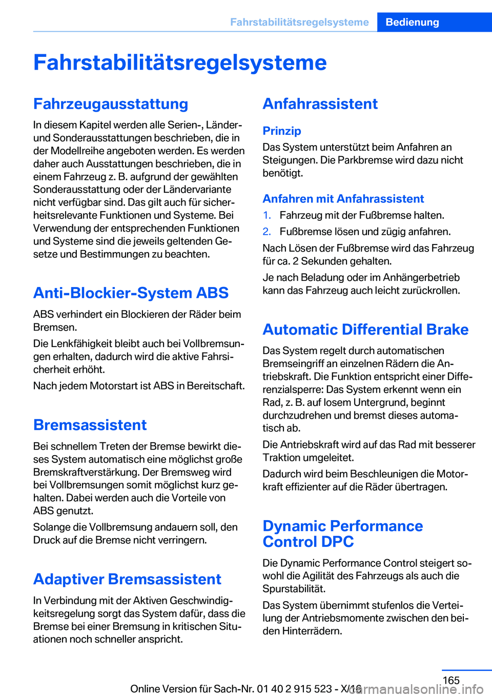 BMW X5 2017  Betriebsanleitungen (in German) �F�a�h�r�s�t�a�b�i�l�i�t�