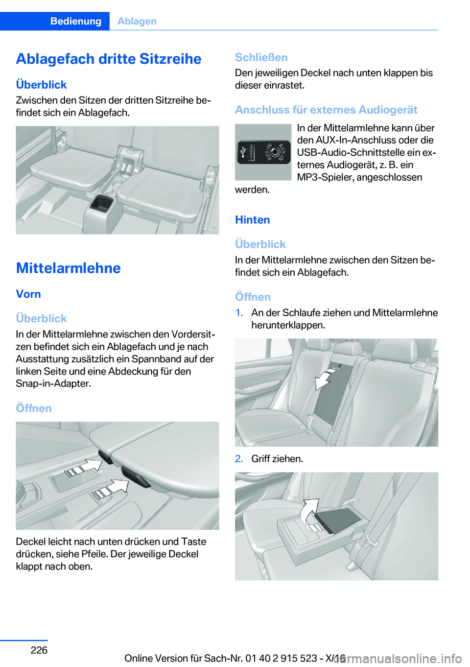 BMW X5 2017  Betriebsanleitungen (in German) �A�b�l�a�g�e�f�a�c�h��d�r�i�t�t�e��S�i�t�z�r�e�i�h�e
�