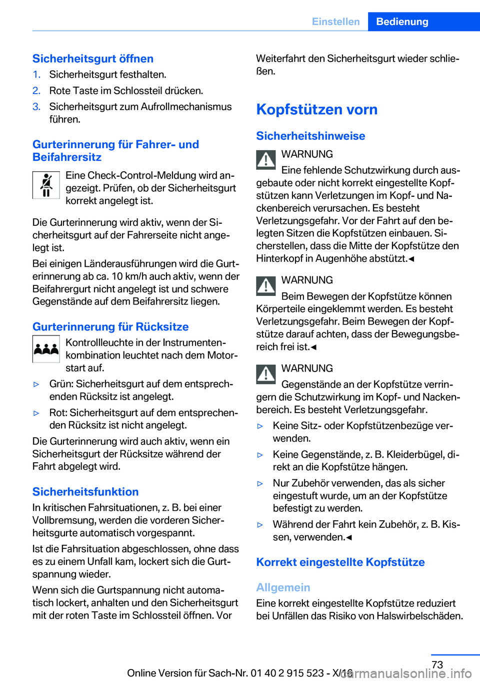 BMW X5 2017  Betriebsanleitungen (in German) �S�i�c�h�e�r�h�e�i�t�s�g�u�r�t��