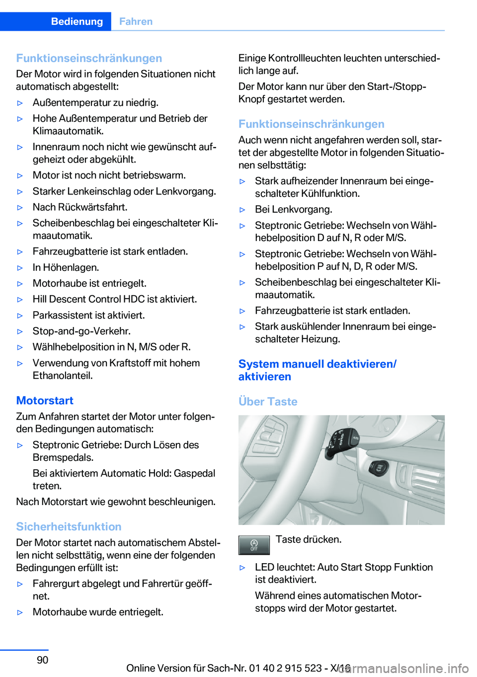 BMW X5 2017  Betriebsanleitungen (in German) �F�u�n�k�t�i�o�n�s�e�i�n�s�c�h�r�