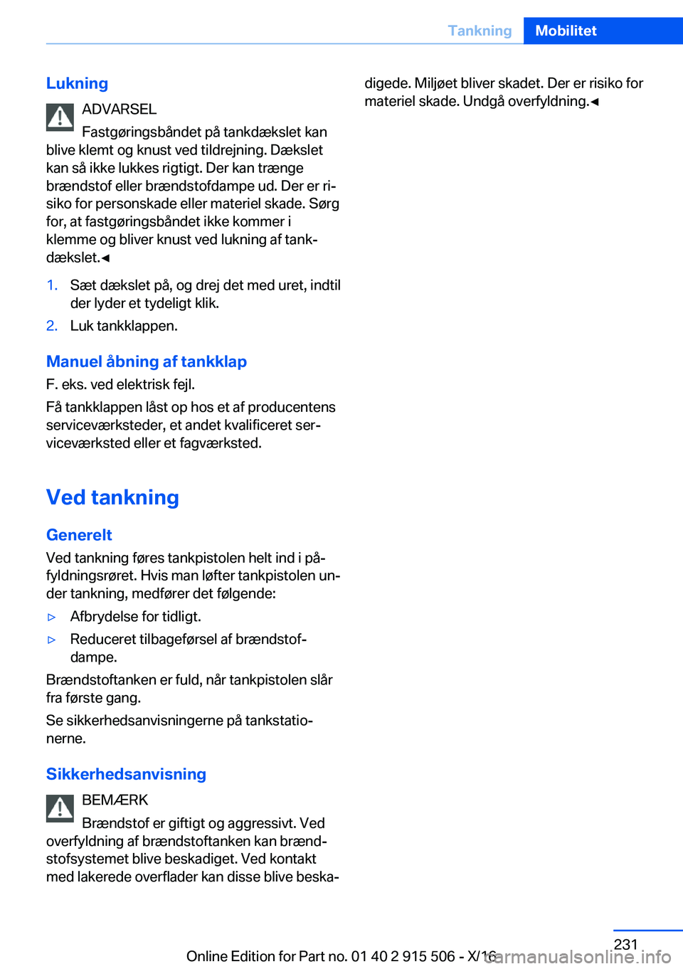 BMW X5 2017  InstruktionsbØger (in Danish) �L�u�k�n�i�n�g�A�D�V�A�R�S�E�L
�F�a�s�t�g�