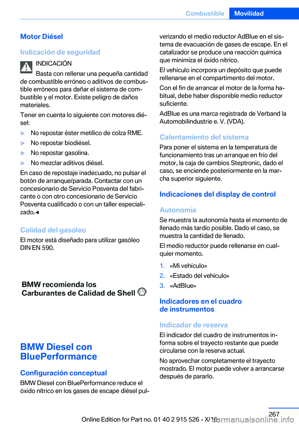 BMW X5 2017  Manuales de Empleo (in Spanish) �M�o�t�o�r��D�i�é�s�e�l
�I�n�d�i�c�a�c�i�