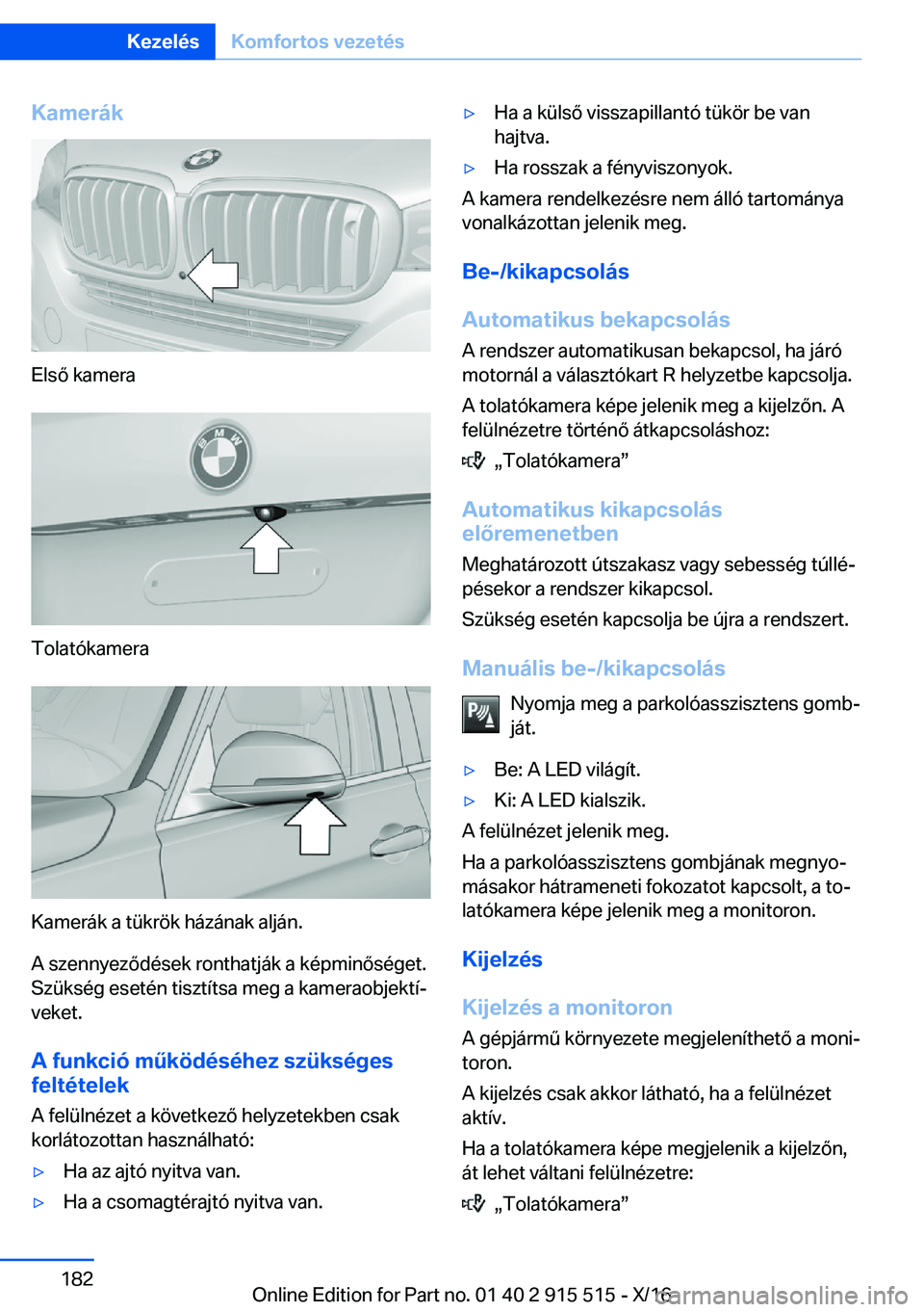 BMW X5 2017  Kezelési útmutató (in Hungarian) �K�a�m�e�r�
