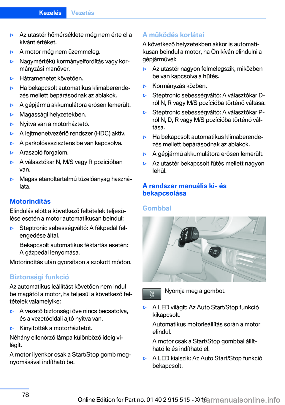 BMW X5 2017  Kezelési útmutató (in Hungarian) 'y�A�z� �u�t�a�s�t�é�r� �h�
