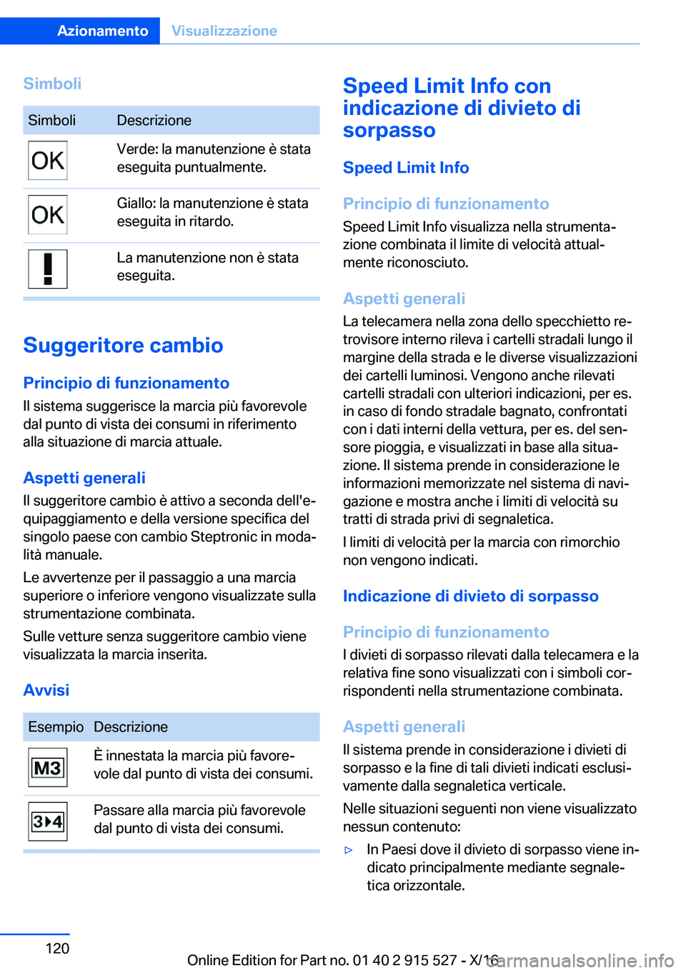 BMW X5 2017  Libretti Di Uso E manutenzione (in Italian) �S�i�m�b�o�l�i�S�i�m�b�o�l�i�D�e�s�c�r�i�z�i�o�n�e�V�e�r�d�e�:� �l�a� �m�a�n�u�t�e�n�z�i�o�n�e� �è� �s�t�a�t�a
�e�s�e�g�u�i�t�a� �p�u�n�t�u�a�l�m�e�n�t�e�.�G�i�a�l�l�o�:� �l�a� �m�a�n�u�t�e�n�z�i�o�n