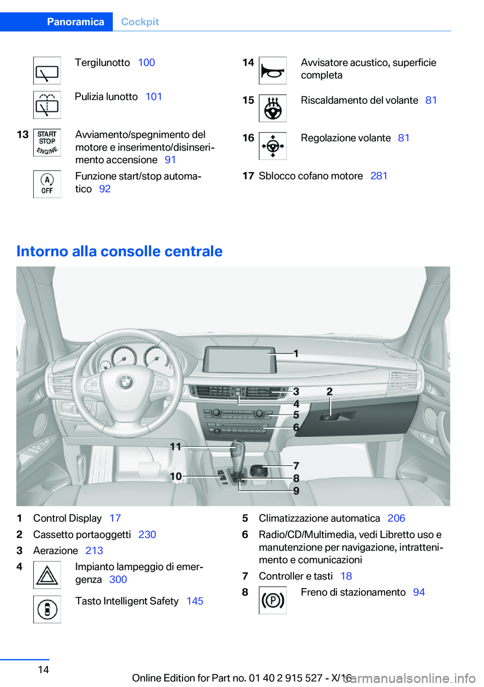 BMW X5 2017  Libretti Di Uso E manutenzione (in Italian) �T�e�r�g�i�l�u�n�o�t�t�o\_�1�0�0�P�u�l�i�z�i�a� �l�u�n�o�t�t�o\_ �1�0�1�1�3�A�v�v�i�a�m�e�n�t�o�/�s�p�e�g�n�i�m�e�n�t�o� �d�e�l
�m�o�t�o�r�e� �e� �i�n�s�e�r�i�m�e�n�t�o�/�d�i�s�i�n�s�e�r�iª
�m�e