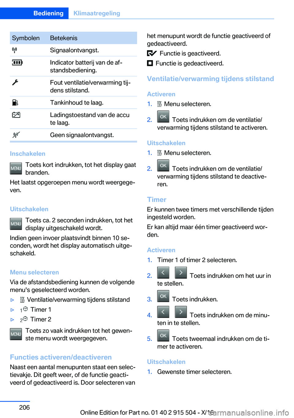 BMW X5 2017  Instructieboekjes (in Dutch) �S�y�m�b�o�l�e�n�B�e�t�e�k�e�n�i�s� �S�i�g�n�a�a�l�o�n�t�v�a�n�g�s�t�.� �I�n�d�i�c�a�t�o�r� �b�a�t�t�e�r�i�j� �v�a�n� �d�e� �a�fj
�s�t�a�n�d�s�b�e�d�i�e�n�i�n�g�.� �F�o�u�t� �v�e�n�t�i�l�a�t�i�e�/�v�