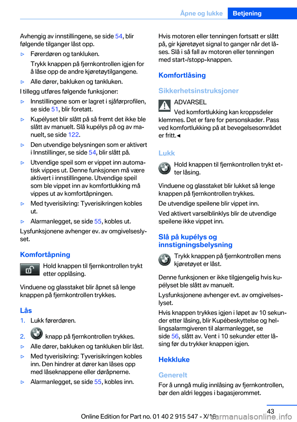 BMW X5 2017  InstruksjonsbØker (in Norwegian) �A�v�h�e�n�g�i�g� �a�v� �i�n�n�s�t�i�l�l�i�n�g�e�n�e�,� �s�e� �s�i�d�e� �5�4�,� �b�l�i�r
�f�