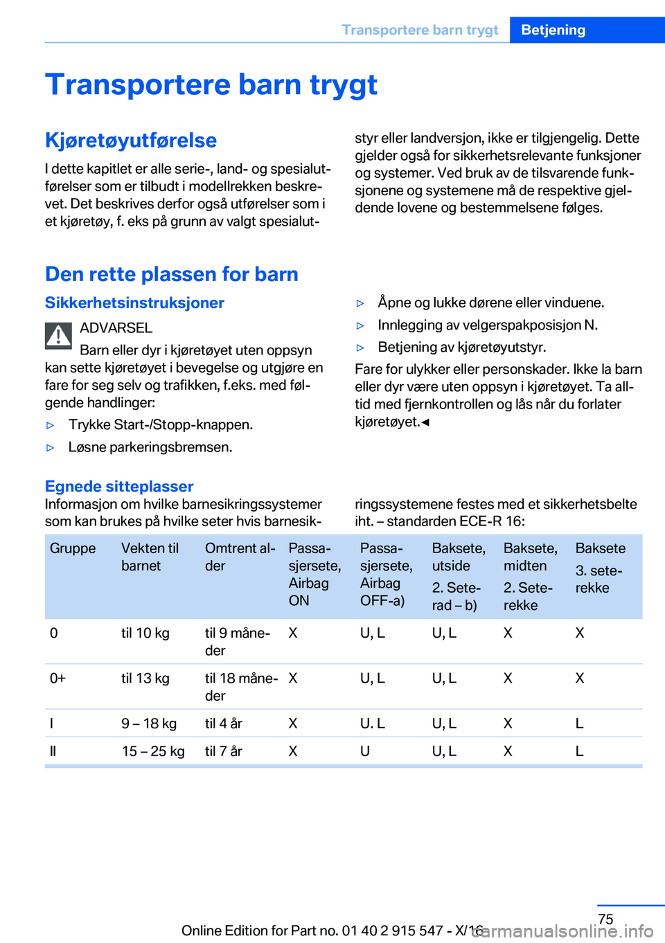 BMW X5 2017  InstruksjonsbØker (in Norwegian) �T�r�a�n�s�p�o�r�t�e�r�e��b�a�r�n��t�r�y�g�t�K�j�