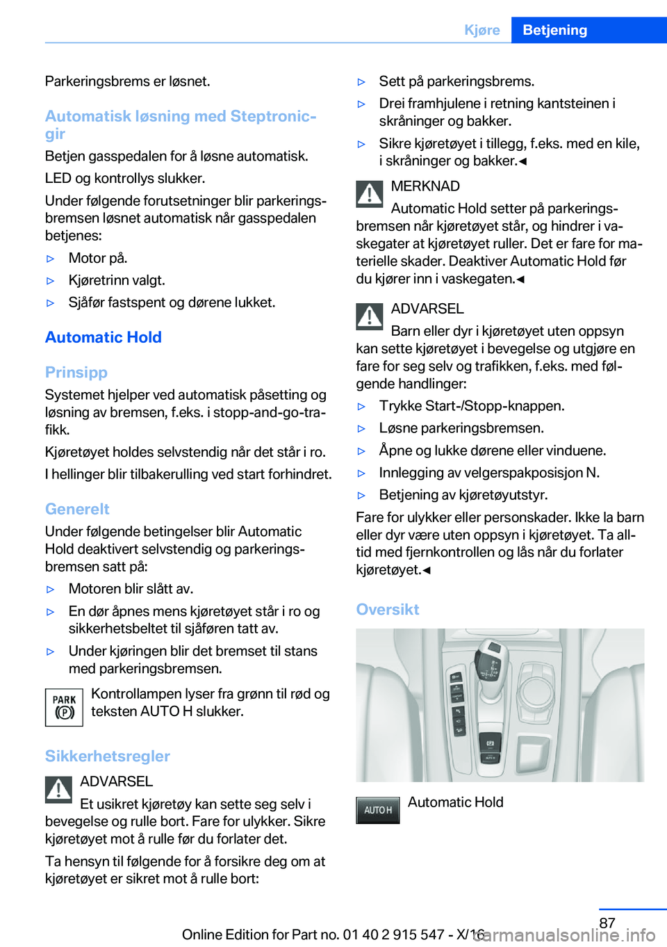 BMW X5 2017  InstruksjonsbØker (in Norwegian) �P�a�r�k�e�r�i�n�g�s�b�r�e�m�s� �e�r� �l�