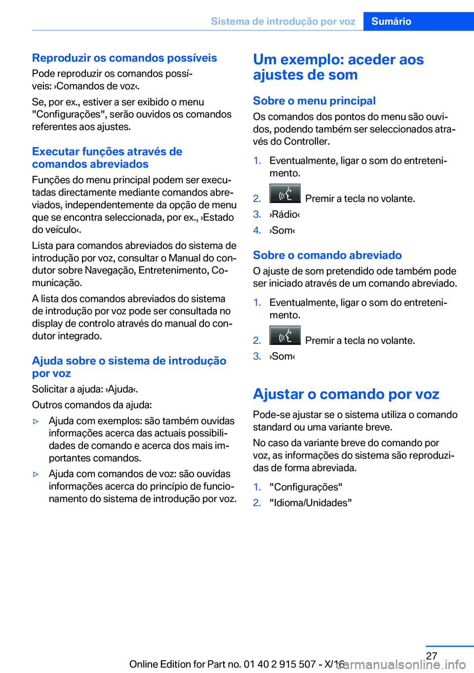 BMW X5 2017  Manual do condutor (in Portuguese) �R�e�p�r�o�d�u�z�i�r��o�s��c�o�m�a�n�d�o�s��p�o�s�s�