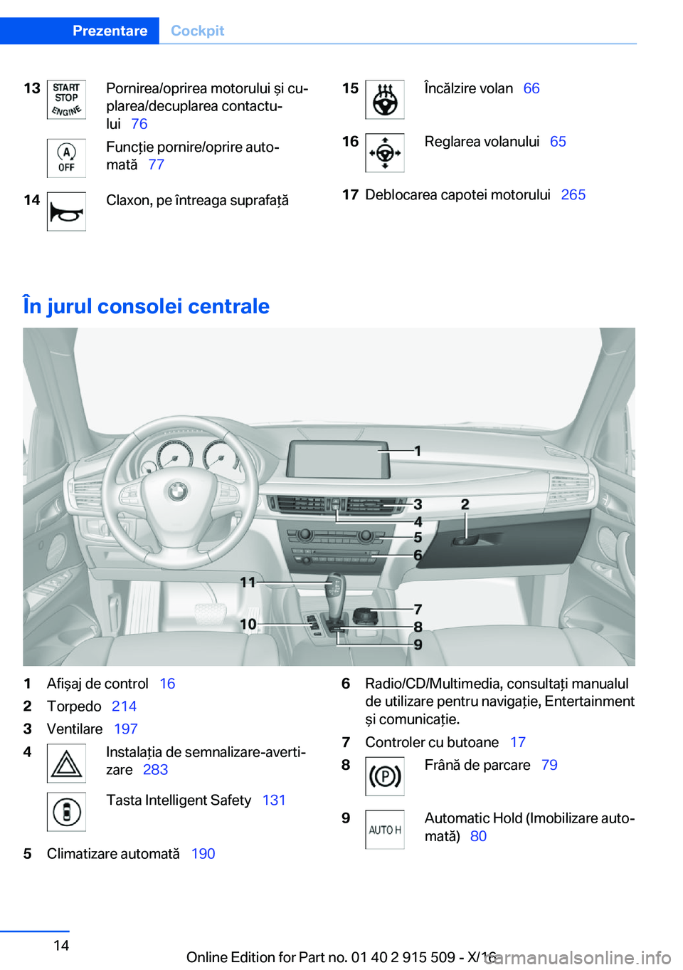 BMW X5 2017  Ghiduri De Utilizare (in Romanian) �1�3�P�o�r�n�i�r�e�a�/�o�p�r�i�r�e�a� �m�o�t�o�r�u�l�u�i�  &�i� �c�uj
�p�l�a�r�e�a�/�d�e�c�u�p�l�a�r�e�a� �c�o�n�t�a�c�t�uj
�l�u�i\_ �7�6�F�u�n�c *�i�e� �p�o�r�n�i�r�e�/�o�p�r�i�r�e� �a�u�t�oj
�m
