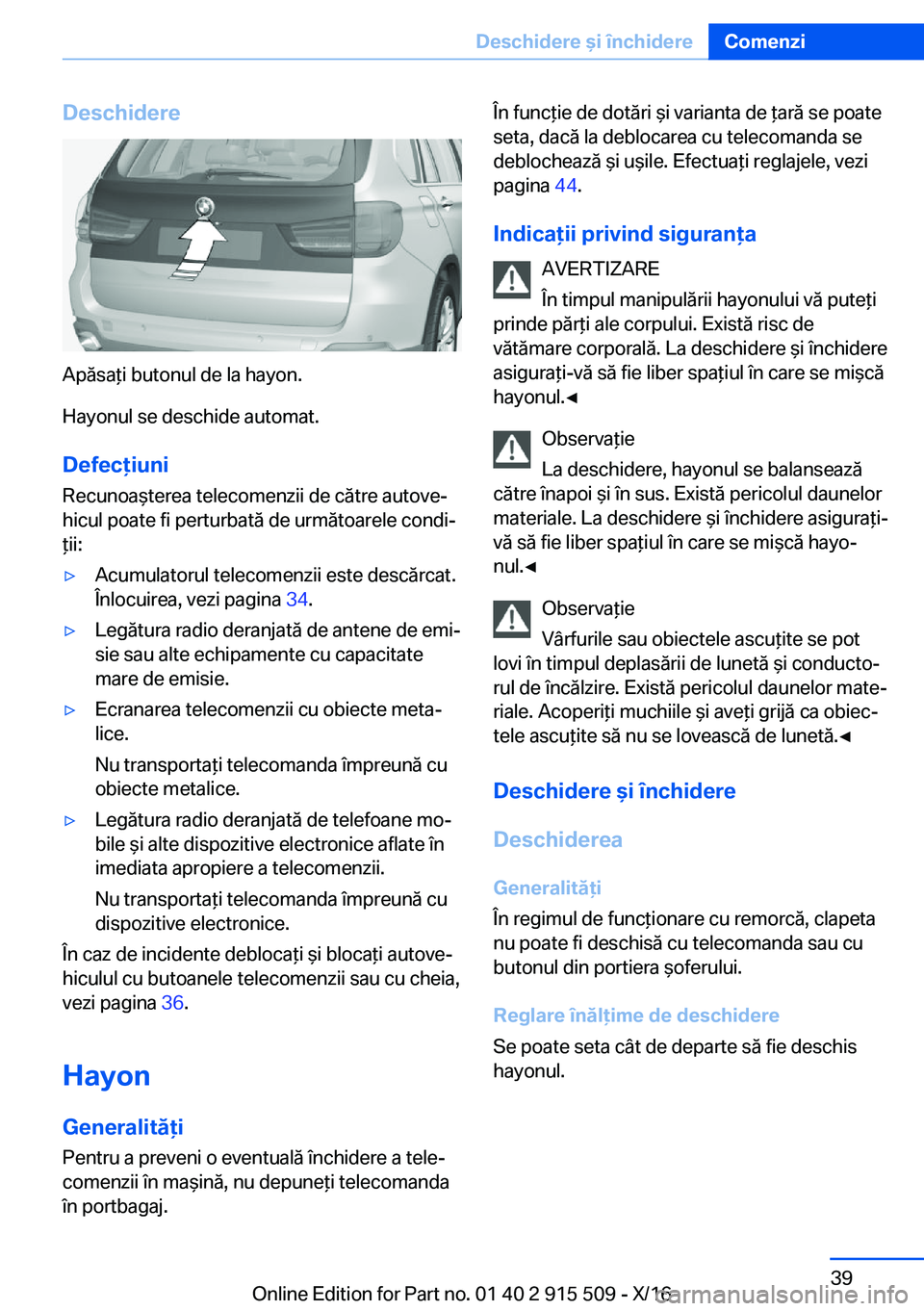BMW X5 2017  Ghiduri De Utilizare (in Romanian) �D�e�s�c�h�i�d�e�r�e
�A�p�