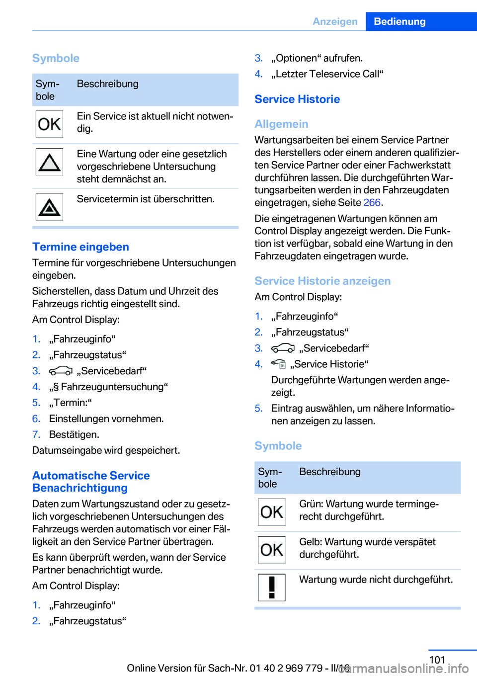 BMW X5 2016 Betriebsanleitungen (in German) SymboleSym‐
boleBeschreibungEin Service ist aktuell nicht notwen‐
dig.Eine Wartung oder eine gesetzlich
vorgeschriebene Untersuchung
steht demnächst an.Servicetermin ist überschritten.
Termine e BMW X5 2016 Betriebsanleitungen (in German) SymboleSym‐
boleBeschreibungEin Service ist aktuell nicht notwen‐
dig.Eine Wartung oder eine gesetzlich
vorgeschriebene Untersuchung
steht demnächst an.Servicetermin ist überschritten.
Termine e