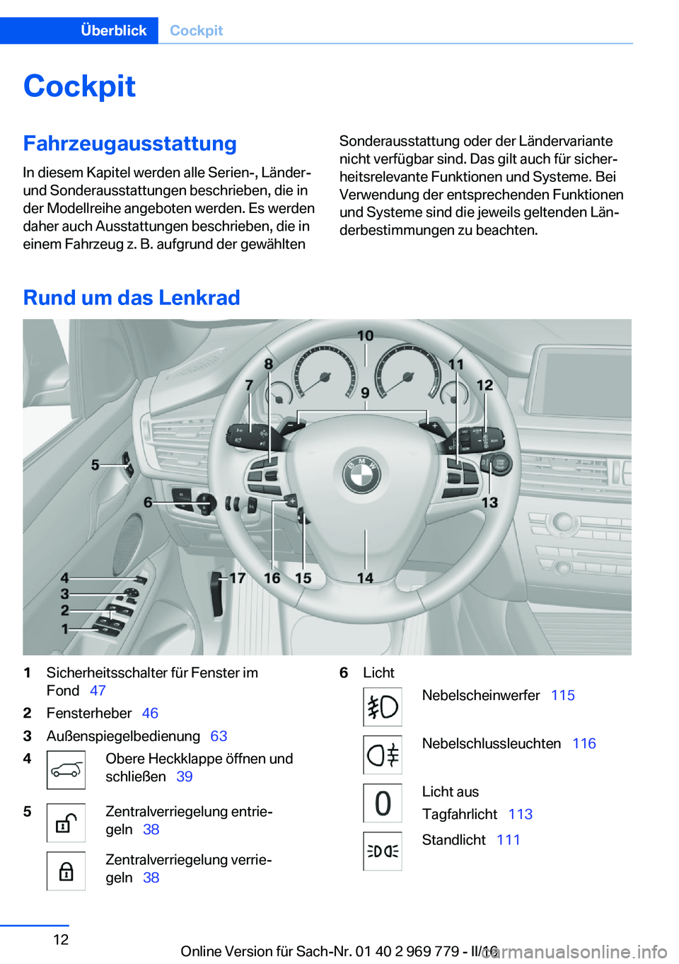 BMW X5 2016  Betriebsanleitungen (in German) CockpitFahrzeugausstattung
In diesem Kapitel werden alle Serien-, Länder-
und Sonderausstattungen beschrieben, die in
der Modellreihe angeboten werden. Es werden
daher auch Ausstattungen beschrieben,