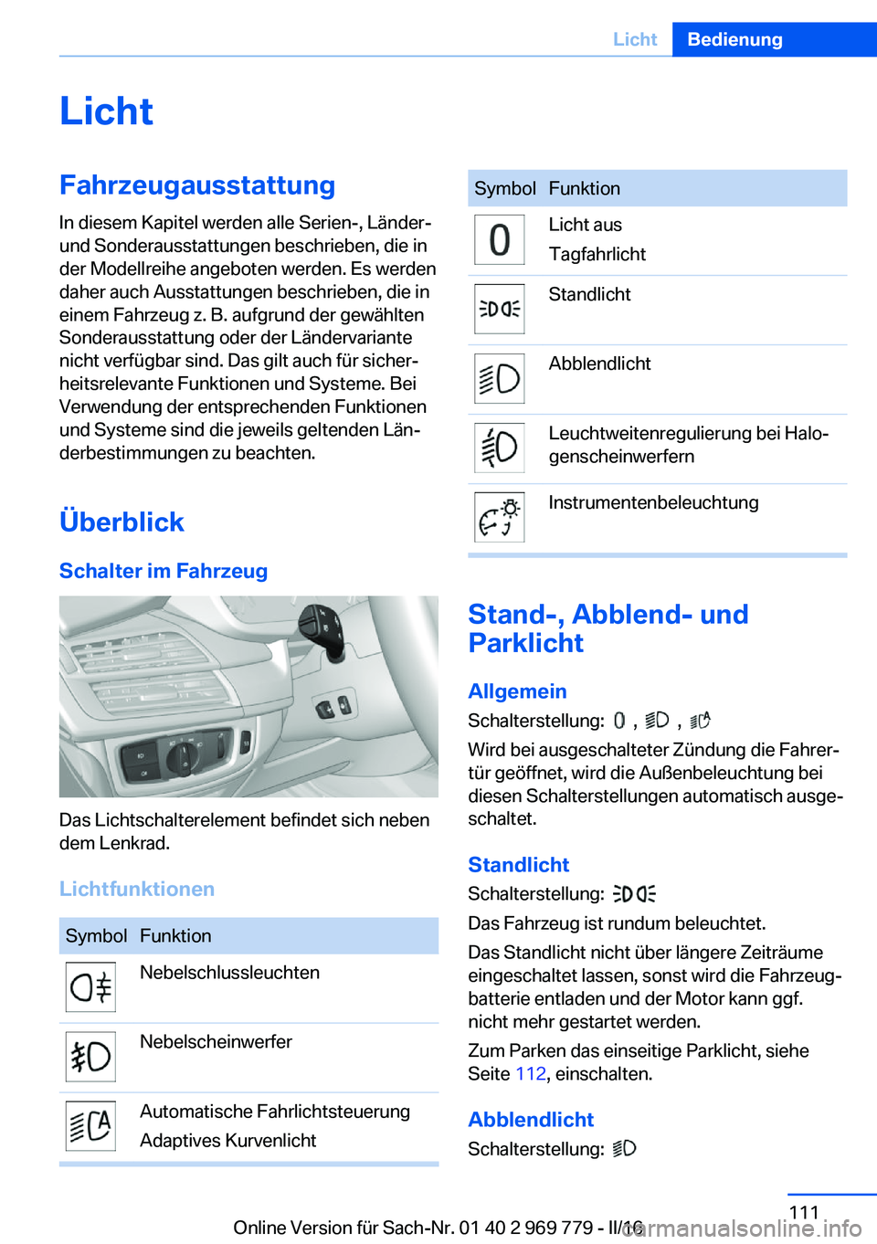 BMW X5 2016 Betriebsanleitungen (in German) LichtFahrzeugausstattung
In diesem Kapitel werden alle Serien-, Länder-
und Sonderausstattungen beschrieben, die in
der Modellreihe angeboten werden. Es werden
daher auch Ausstattungen beschrieben, d BMW X5 2016 Betriebsanleitungen (in German) LichtFahrzeugausstattung
In diesem Kapitel werden alle Serien-, Länder-
und Sonderausstattungen beschrieben, die in
der Modellreihe angeboten werden. Es werden
daher auch Ausstattungen beschrieben, d