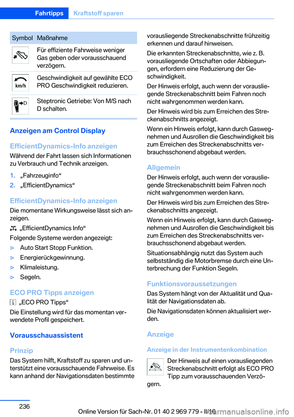 BMW X5 2016 Betriebsanleitungen (in German) SymbolMaßnahmeFür effiziente Fahrweise weniger
Gas geben oder vorausschauend
verzögern.Geschwindigkeit auf gewählte ECO
PRO Geschwindigkeit reduzieren.Steptronic Getriebe: Von M/S nach
D schalten. BMW X5 2016 Betriebsanleitungen (in German) SymbolMaßnahmeFür effiziente Fahrweise weniger
Gas geben oder vorausschauend
verzögern.Geschwindigkeit auf gewählte ECO
PRO Geschwindigkeit reduzieren.Steptronic Getriebe: Von M/S nach
D schalten.