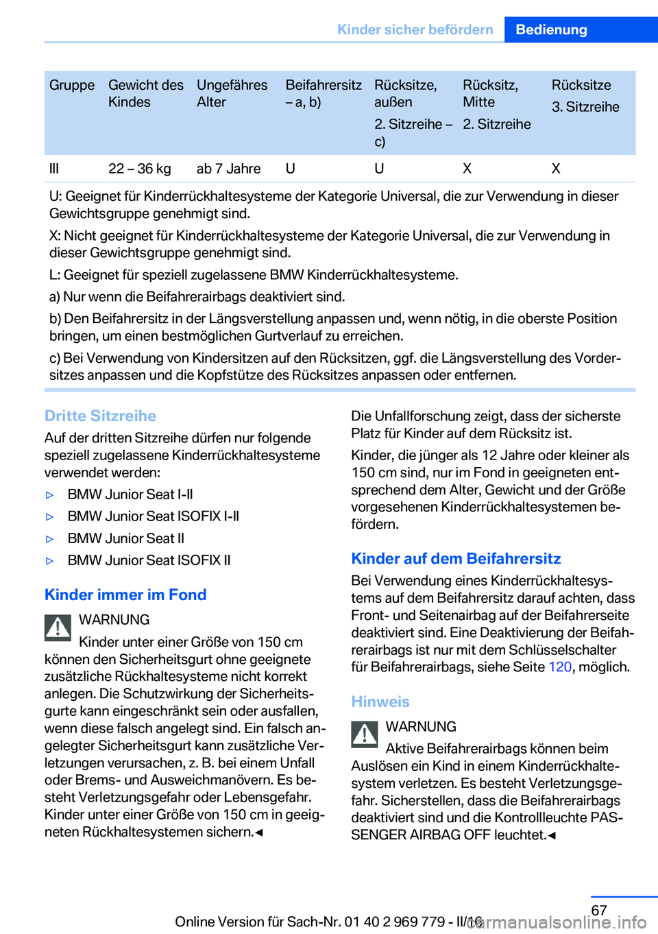 BMW X5 2016 Betriebsanleitungen (in German) GruppeGewicht des
KindesUngefähres
AlterBeifahrersitz
– a, b)Rücksitze,
außen
2. Sitzreihe –
c)Rücksitz,
Mitte
2. SitzreiheRücksitze
3. SitzreiheIII22 – 36 kgab 7 JahreUUXXU: Geeignet für BMW X5 2016 Betriebsanleitungen (in German) GruppeGewicht des
KindesUngefähres
AlterBeifahrersitz
– a, b)Rücksitze,
außen
2. Sitzreihe –
c)Rücksitz,
Mitte
2. SitzreiheRücksitze
3. SitzreiheIII22 – 36 kgab 7 JahreUUXXU: Geeignet für