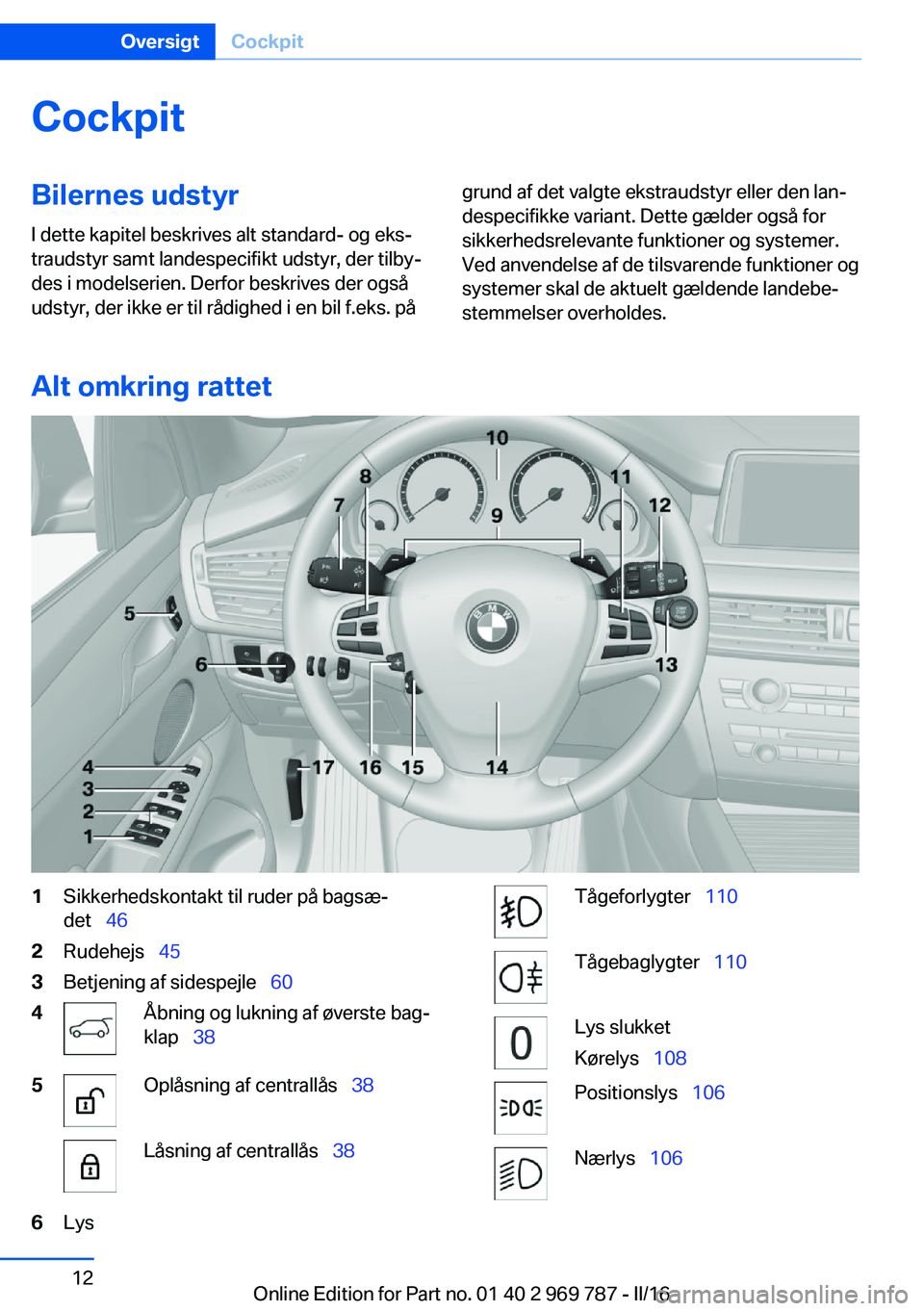 BMW X5 2016  InstruktionsbØger (in Danish) CockpitBilernes udstyr
I dette kapitel beskrives alt standard- og eks‐
traudstyr samt landespecifikt udstyr, der tilby‐
des i modelserien. Derfor beskrives der også
udstyr, der ikke er til rådig