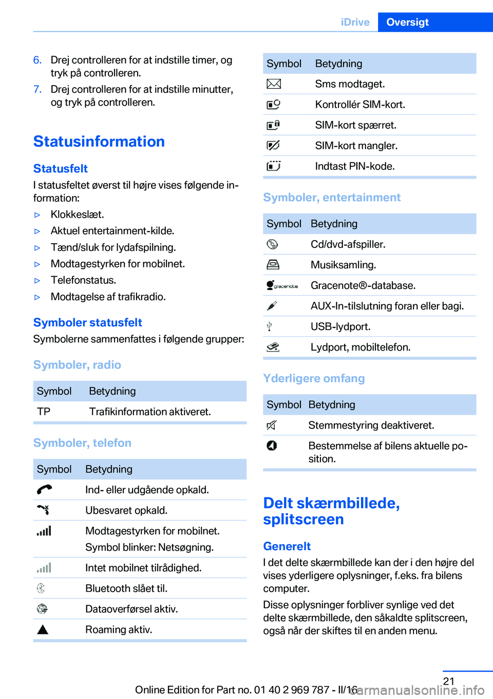 BMW X5 2016 InstruktionsbØger (in Danish) 6.Drej controlleren for at indstille timer, og
tryk på controlleren.7.Drej controlleren for at indstille minutter,
og tryk på controlleren.
Statusinformation
StatusfeltI statusfeltet øverst til hø BMW X5 2016 InstruktionsbØger (in Danish) 6.Drej controlleren for at indstille timer, og
tryk på controlleren.7.Drej controlleren for at indstille minutter,
og tryk på controlleren.
Statusinformation
StatusfeltI statusfeltet øverst til hø