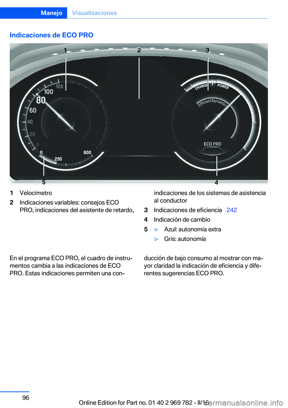 BMW X5 2016 Manuales de Empleo (in Spanish) Indicaciones de ECO PRO1Velocímetro2Indicaciones variables: consejos ECO
PRO, indicaciones del asistente de retardo,indicaciones de los sistemas de asistencia
al conductor3Indicaciones de eficiencia BMW X5 2016 Manuales de Empleo (in Spanish) Indicaciones de ECO PRO1Velocímetro2Indicaciones variables: consejos ECO
PRO, indicaciones del asistente de retardo,indicaciones de los sistemas de asistencia
al conductor3Indicaciones de eficiencia
