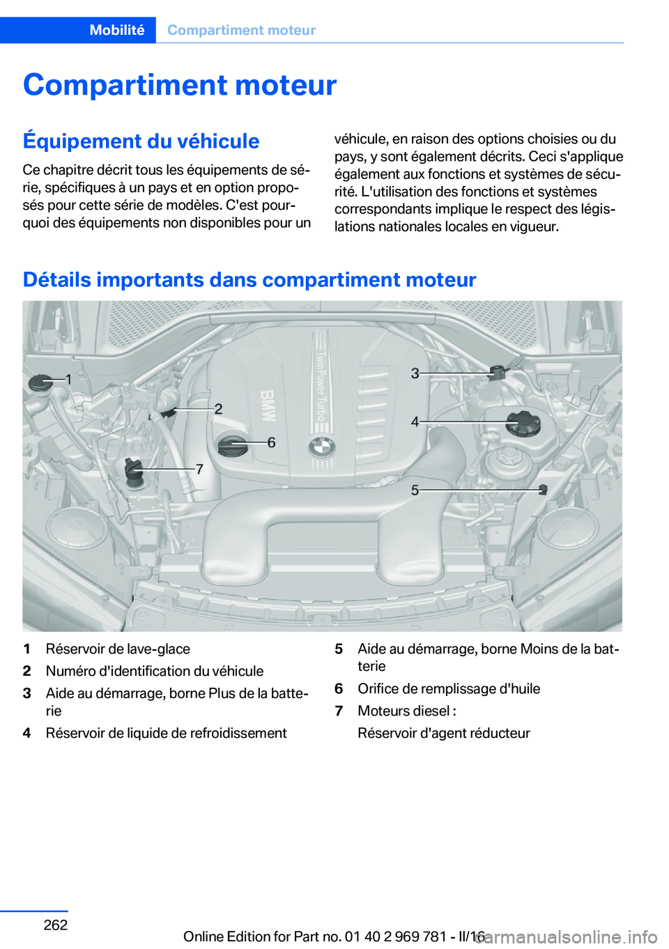 BMW X5 2016 Notices Demploi (in French) Compartiment moteurÉquipement du véhiculeCe chapitre décrit tous les équipements de sé‐
rie, spécifiques à un pays et en option propo‐
sés pour cette série de modèles. C'est pour‐
BMW X5 2016 Notices Demploi (in French) Compartiment moteurÉquipement du véhiculeCe chapitre décrit tous les équipements de sé‐
rie, spécifiques à un pays et en option propo‐
sés pour cette série de modèles. C'est pour‐