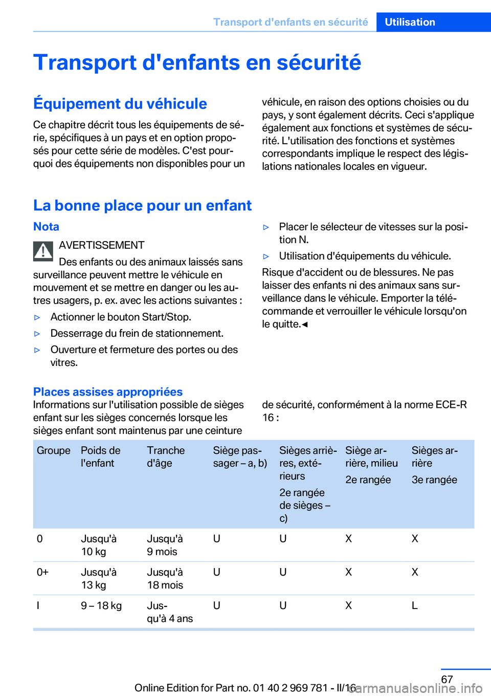 BMW X5 2016  Notices Demploi (in French) Transport d'enfants en sécuritéÉquipement du véhiculeCe chapitre décrit tous les équipements de sé‐
rie, spécifiques à un pays et en option propo‐
sés pour cette série de modèles. 