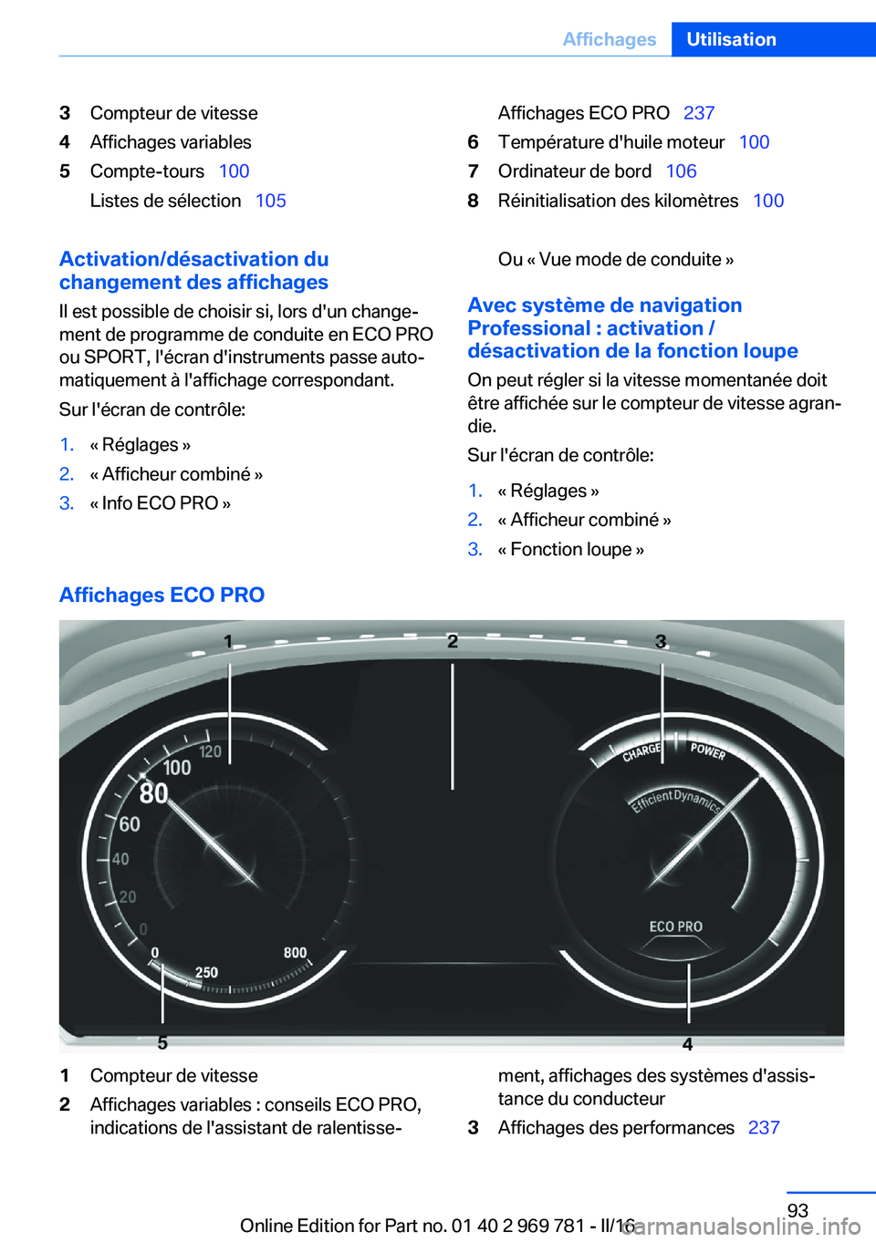 BMW X5 2016  Notices Demploi (in French) 3Compteur de vitesse4Affichages variables5Compte-tours  100
Listes de sélection   105Affichages ECO PRO   2376Température d'huile moteur   1007Ordinateur de bord  1068Réinit