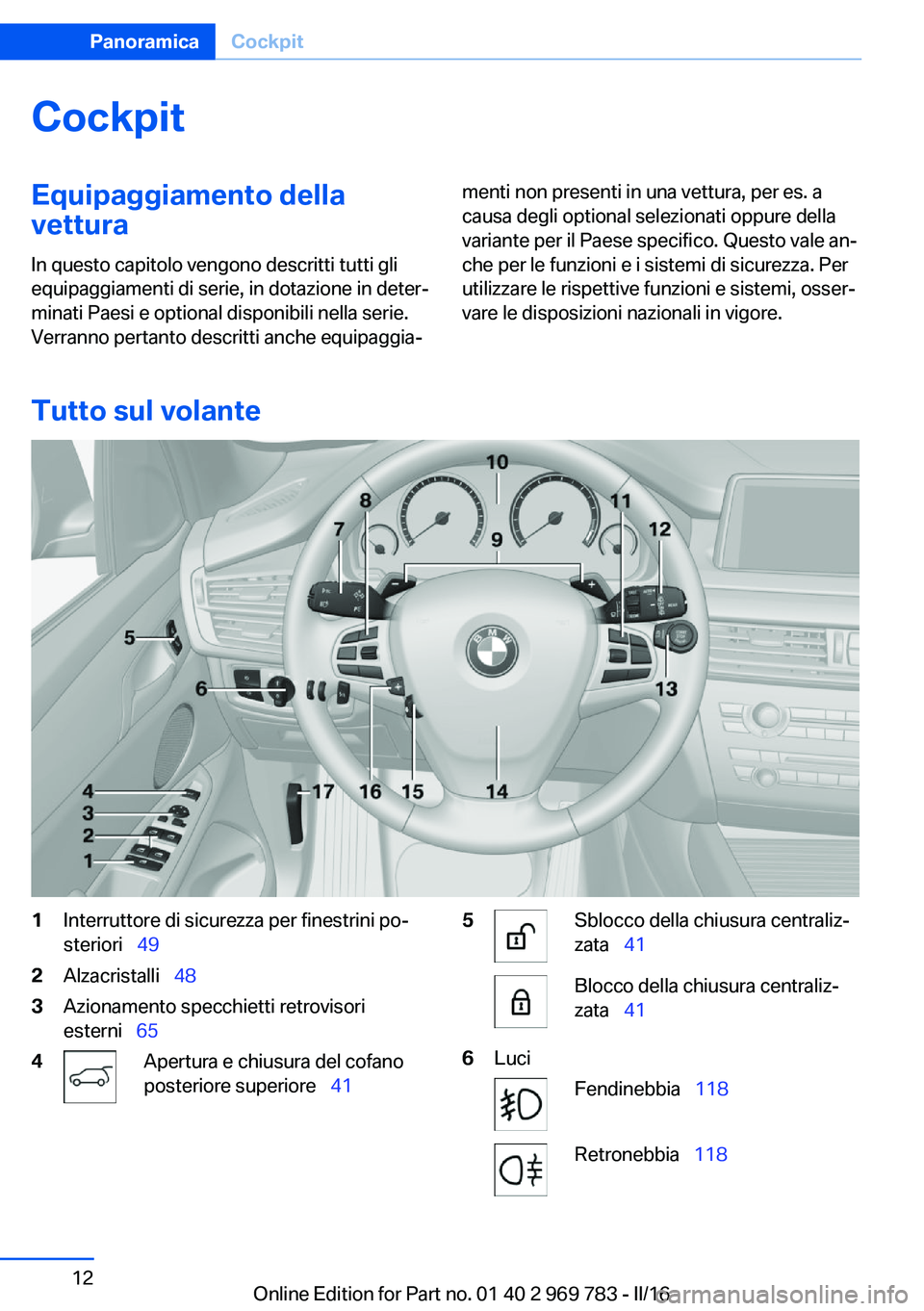 BMW X5 2016  Libretti Di Uso E manutenzione (in Italian) CockpitEquipaggiamento dellavettura
In questo capitolo vengono descritti tutti gli equipaggiamenti di serie, in dotazione in deter‐
minati Paesi e optional disponibili nella serie.
Verranno pertanto