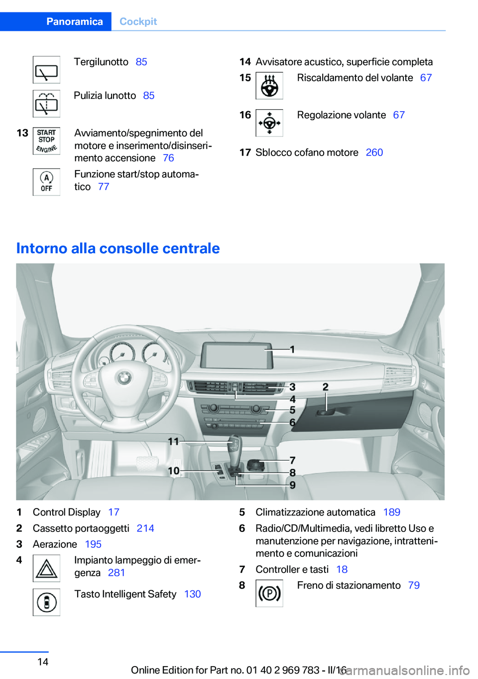 BMW X5 2016  Libretti Di Uso E manutenzione (in Italian) Tergilunotto  85Pulizia lunotto   8513Avviamento/spegnimento del
motore e inserimento/disinseri‐
mento accensione   76Funzione start/stop automa‐
tico   7714Avvisatore acustico, su