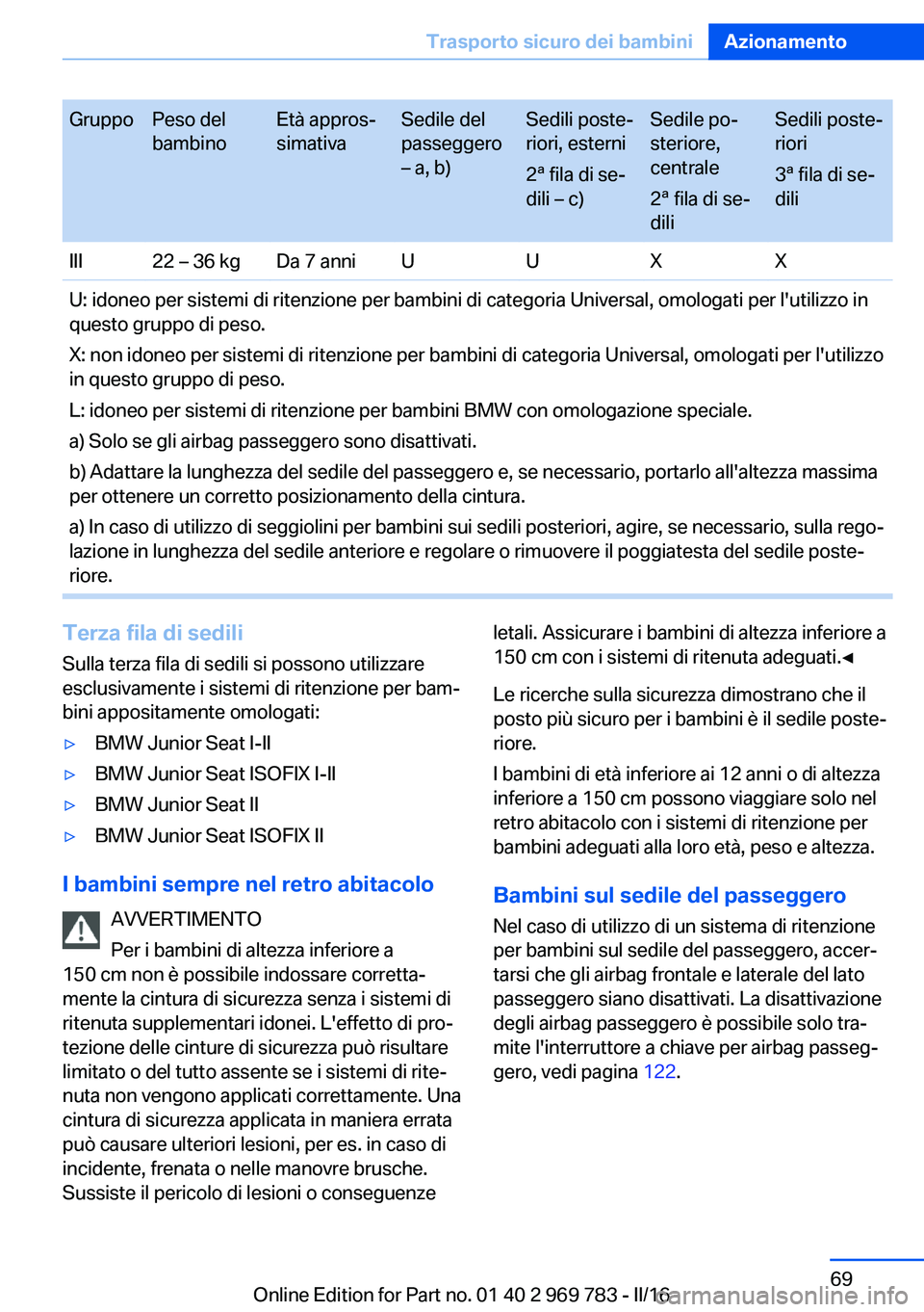 BMW X5 2016 Libretti Di Uso E manutenzione (in Italian) GruppoPeso del
bambinoEtà appros‐
simativaSedile del
passeggero
– a, b)Sedili poste‐
riori, esterni
2ª fila di se‐
dili – c)Sedile po‐
steriore,
centrale
2ª fila di se‐
diliSedili pos BMW X5 2016 Libretti Di Uso E manutenzione (in Italian) GruppoPeso del
bambinoEtà appros‐
simativaSedile del
passeggero
– a, b)Sedili poste‐
riori, esterni
2ª fila di se‐
dili – c)Sedile po‐
steriore,
centrale
2ª fila di se‐
diliSedili pos