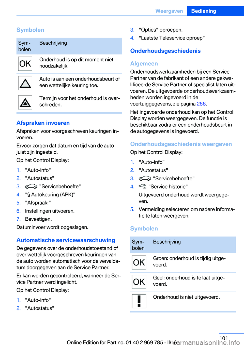 BMW X5 2016 Instructieboekjes (in Dutch) SymbolenSym‐
bolenBeschrijvingOnderhoud is op dit moment niet
noodzakelijk.Auto is aan een onderhoudsbeurt of
een wettelijke keuring toe.Termijn voor het onderhoud is over‐
schreden.
Afspraken inv BMW X5 2016 Instructieboekjes (in Dutch) SymbolenSym‐
bolenBeschrijvingOnderhoud is op dit moment niet
noodzakelijk.Auto is aan een onderhoudsbeurt of
een wettelijke keuring toe.Termijn voor het onderhoud is over‐
schreden.
Afspraken inv