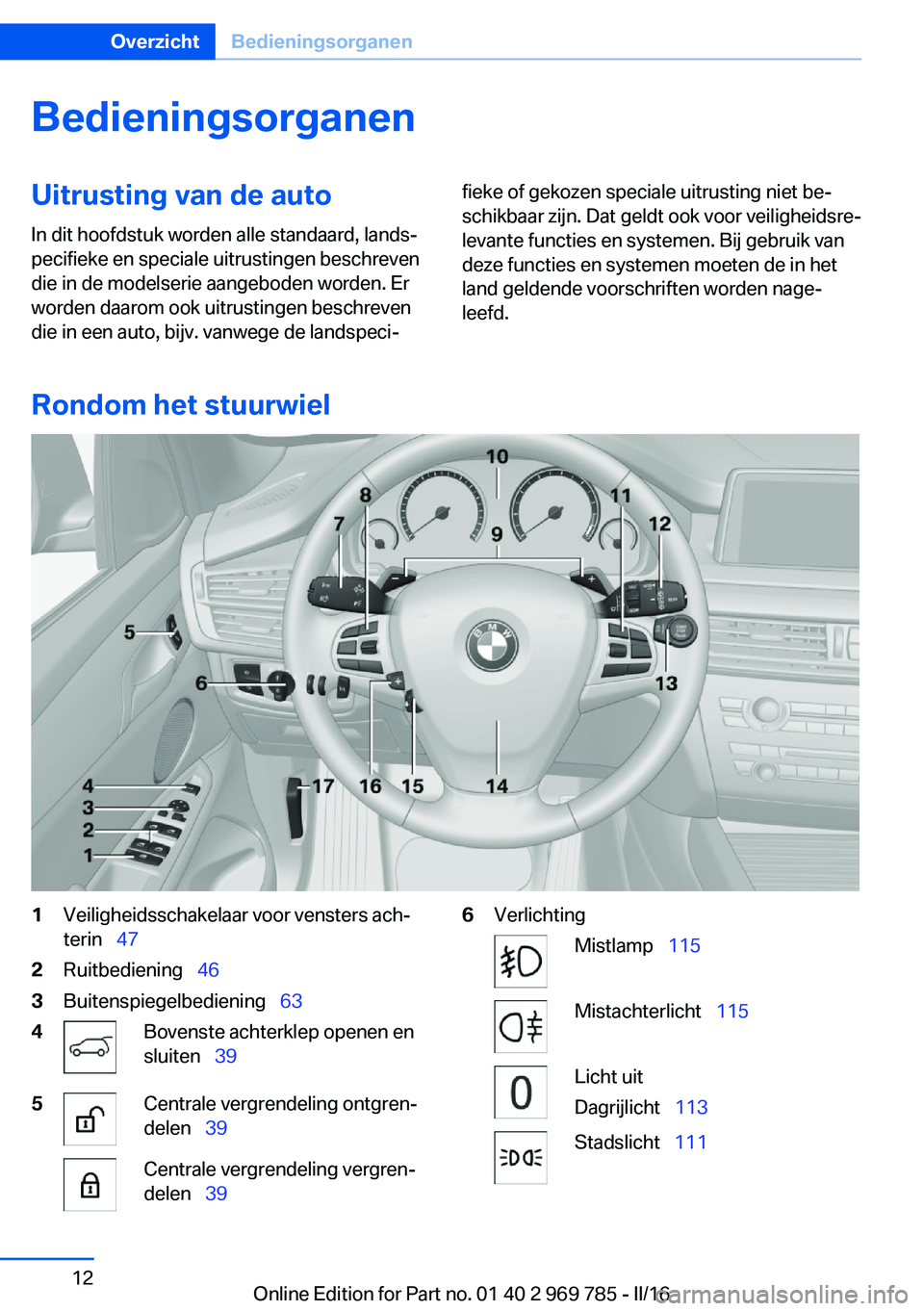 BMW X5 2016  Instructieboekjes (in Dutch) BedieningsorganenUitrusting van de autoIn dit hoofdstuk worden alle standaard, lands‐
pecifieke en speciale uitrustingen beschreven
die in de modelserie aangeboden worden. Er
worden daarom ook uitru