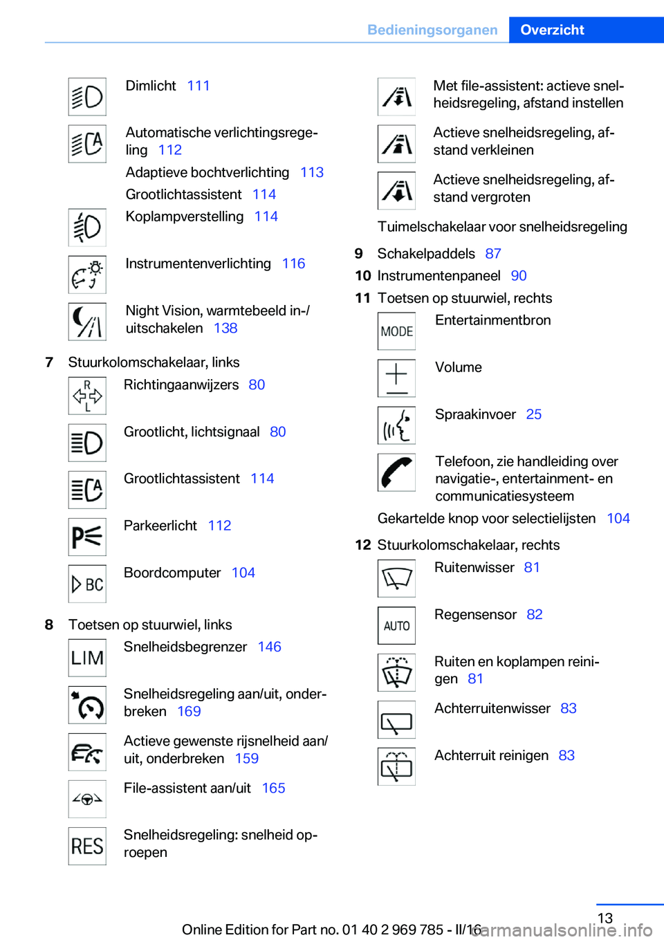 BMW X5 2016  Instructieboekjes (in Dutch) Dimlicht  111Automatische verlichtingsrege‐
ling   112
Adaptieve bochtverlichting   113
Grootlichtassistent   114Koplampverstelling   114Instrumentenverlichting   116Night Vi