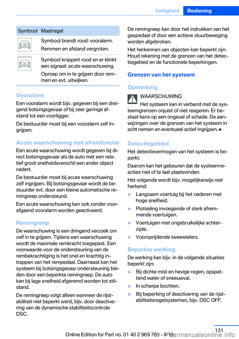 BMW X5 2016 Instructieboekjes (in Dutch) SymboolMaatregelSymbool brandt rood: vooralarm.
Remmen en afstand vergroten.Symbool knippert rood en er klinkt
een signaal: acute waarschuwing.
Oproep om in te grijpen door rem‐
men en evt. uitwijke BMW X5 2016 Instructieboekjes (in Dutch) SymboolMaatregelSymbool brandt rood: vooralarm.
Remmen en afstand vergroten.Symbool knippert rood en er klinkt
een signaal: acute waarschuwing.
Oproep om in te grijpen door rem‐
men en evt. uitwijke