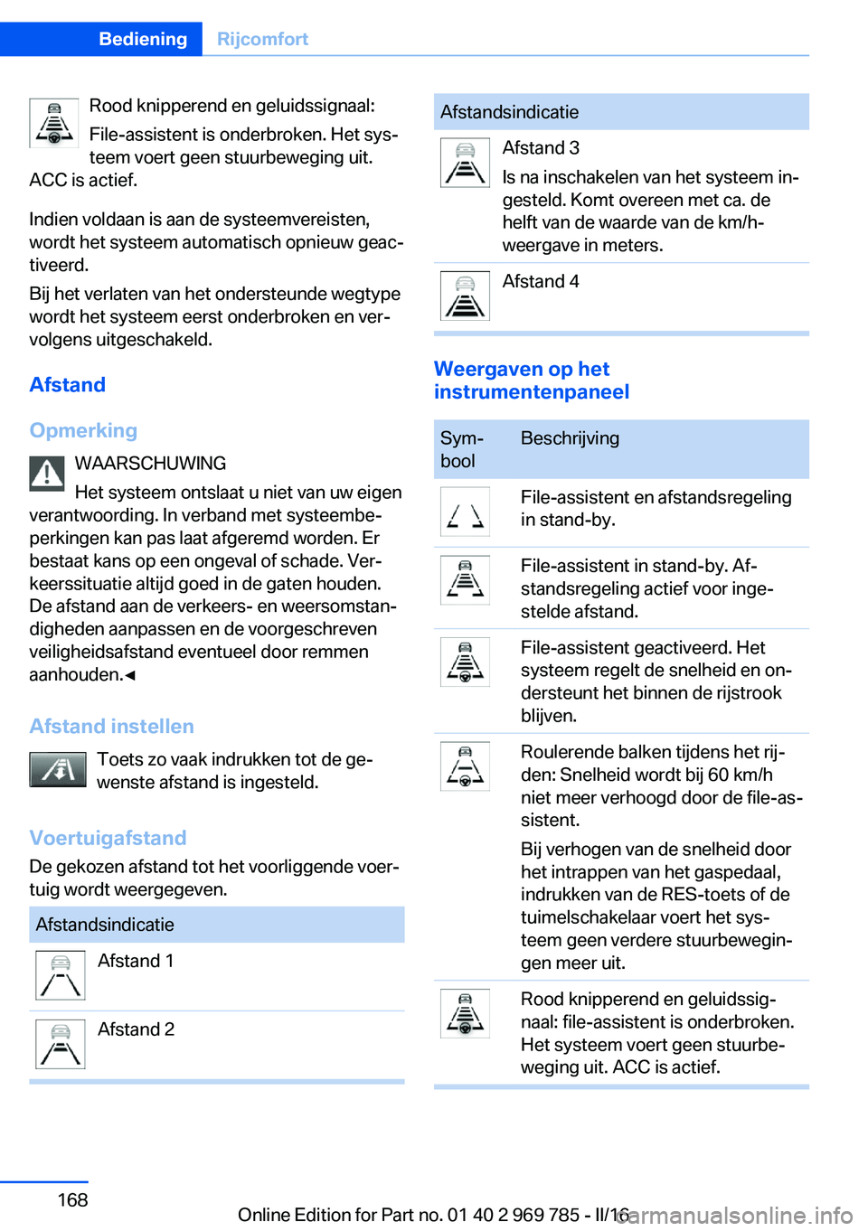 BMW X5 2016 Instructieboekjes (in Dutch) Rood knipperend en geluidssignaal:
File-assistent is onderbroken. Het sys‐
teem voert geen stuurbeweging uit.
ACC is actief.
Indien voldaan is aan de systeemvereisten,
wordt het systeem automatisch BMW X5 2016 Instructieboekjes (in Dutch) Rood knipperend en geluidssignaal:
File-assistent is onderbroken. Het sys‐
teem voert geen stuurbeweging uit.
ACC is actief.
Indien voldaan is aan de systeemvereisten,
wordt het systeem automatisch
