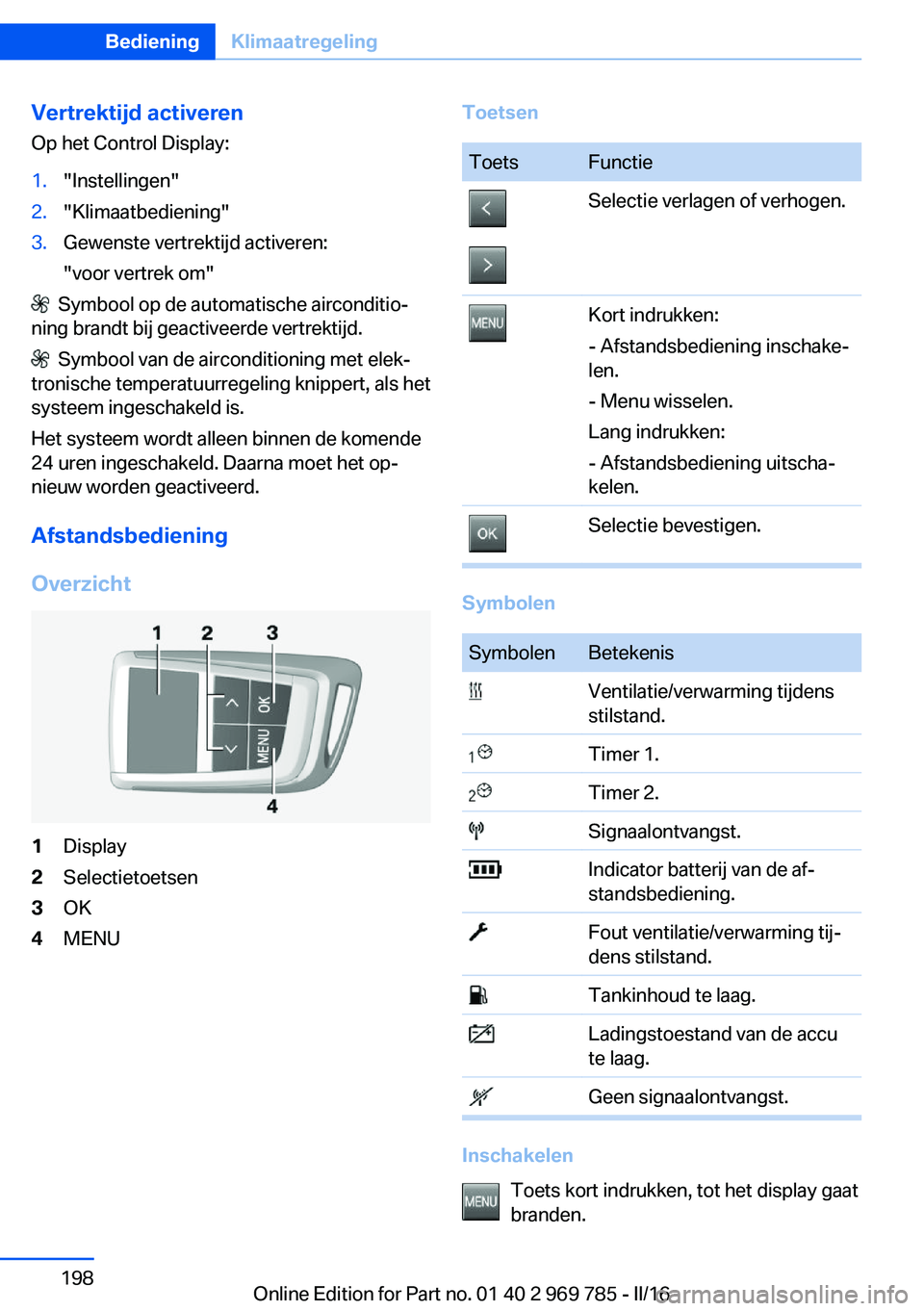 BMW X5 2016 Instructieboekjes (in Dutch) Vertrektijd activeren
Op het Control Display:1."Instellingen"2."Klimaatbediening"3.Gewenste vertrektijd activeren:
"voor vertrek om"
Symbool op de automatische airconditio‐ BMW X5 2016 Instructieboekjes (in Dutch) Vertrektijd activeren
Op het Control Display:1."Instellingen"2."Klimaatbediening"3.Gewenste vertrektijd activeren:
"voor vertrek om"
Symbool op de automatische airconditio‐