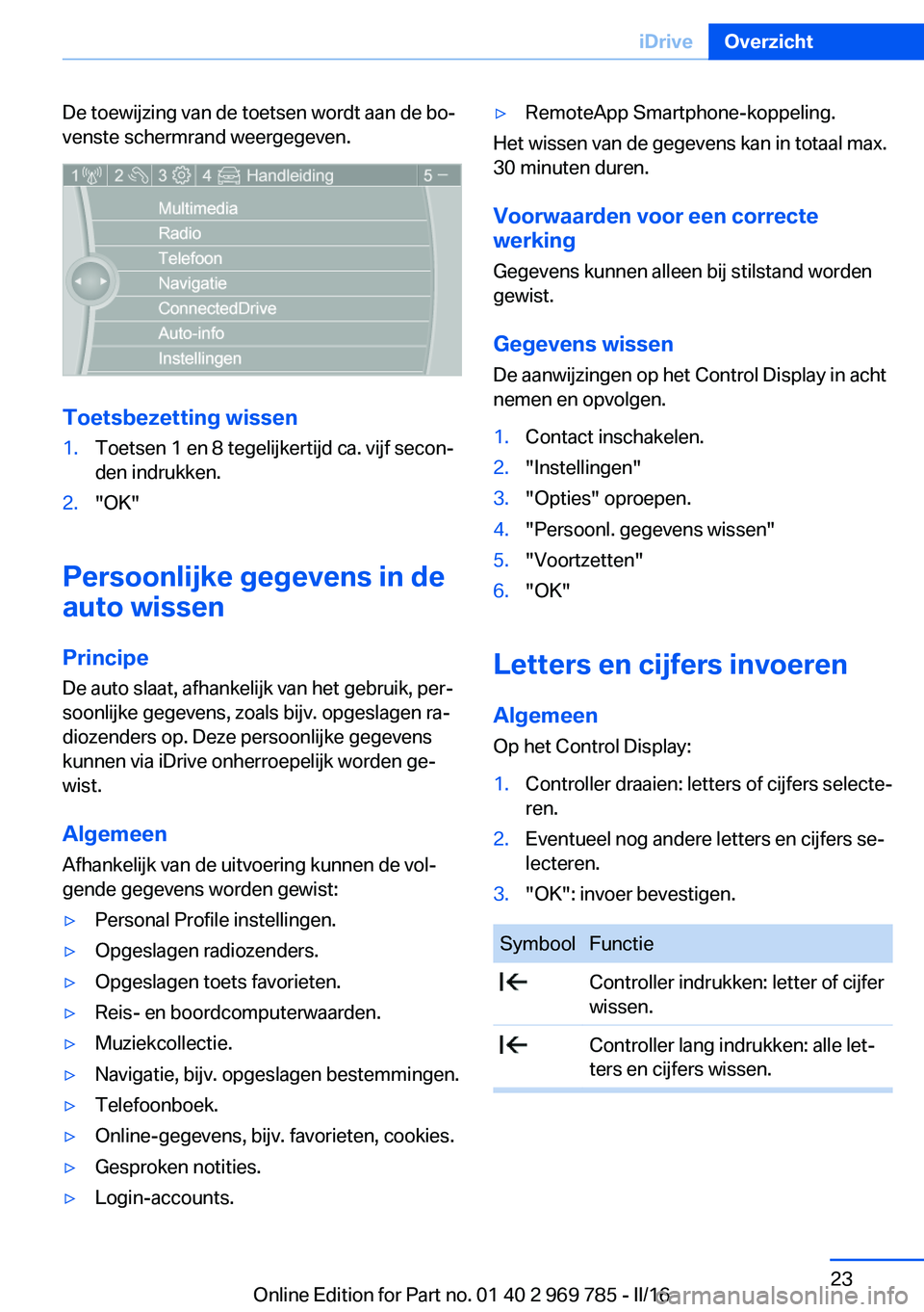 BMW X5 2016 Instructieboekjes (in Dutch) De toewijzing van de toetsen wordt aan de bo‐
venste schermrand weergegeven.
Toetsbezetting wissen
1.Toetsen 1 en 8 tegelijkertijd ca. vijf secon‐
den indrukken.2."OK"
Persoonlijke gegeven BMW X5 2016 Instructieboekjes (in Dutch) De toewijzing van de toetsen wordt aan de bo‐
venste schermrand weergegeven.
Toetsbezetting wissen
1.Toetsen 1 en 8 tegelijkertijd ca. vijf secon‐
den indrukken.2."OK"
Persoonlijke gegeven