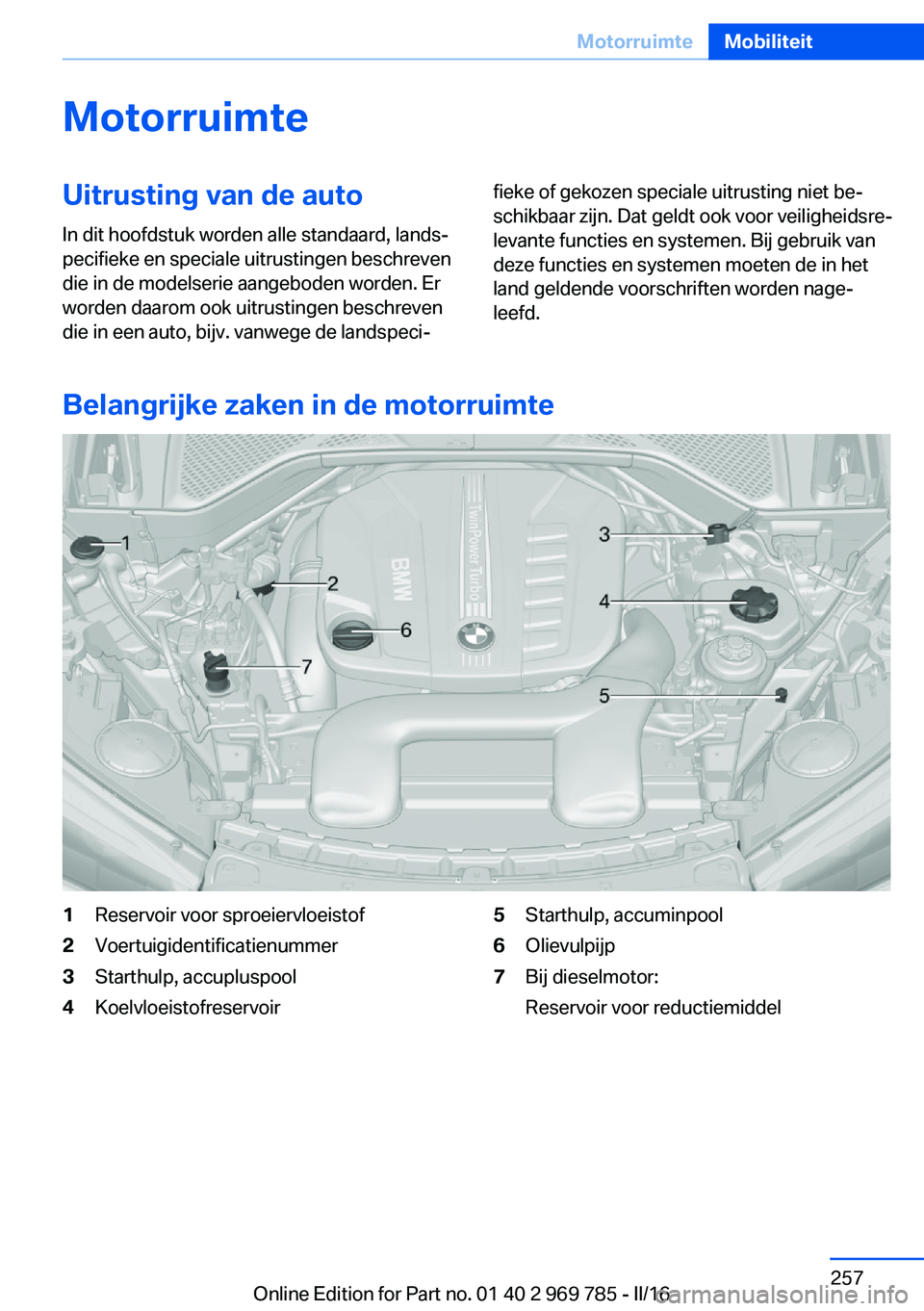 BMW X5 2016 Instructieboekjes (in Dutch) MotorruimteUitrusting van de auto
In dit hoofdstuk worden alle standaard, lands‐
pecifieke en speciale uitrustingen beschreven
die in de modelserie aangeboden worden. Er
worden daarom ook uitrusting BMW X5 2016 Instructieboekjes (in Dutch) MotorruimteUitrusting van de auto
In dit hoofdstuk worden alle standaard, lands‐
pecifieke en speciale uitrustingen beschreven
die in de modelserie aangeboden worden. Er
worden daarom ook uitrusting